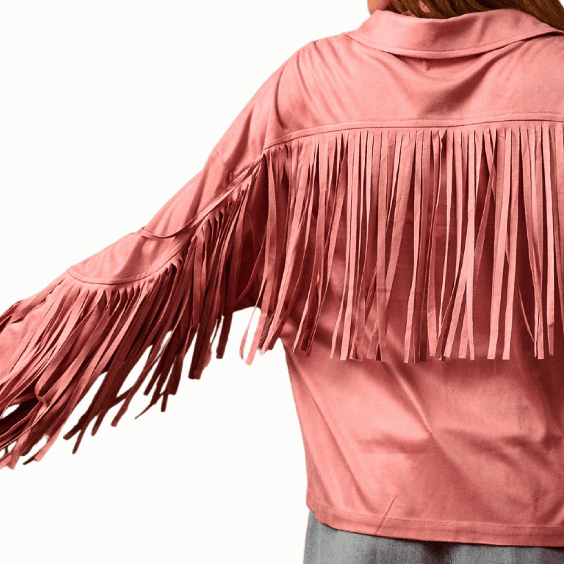 Pink fringed jacket on a green background
