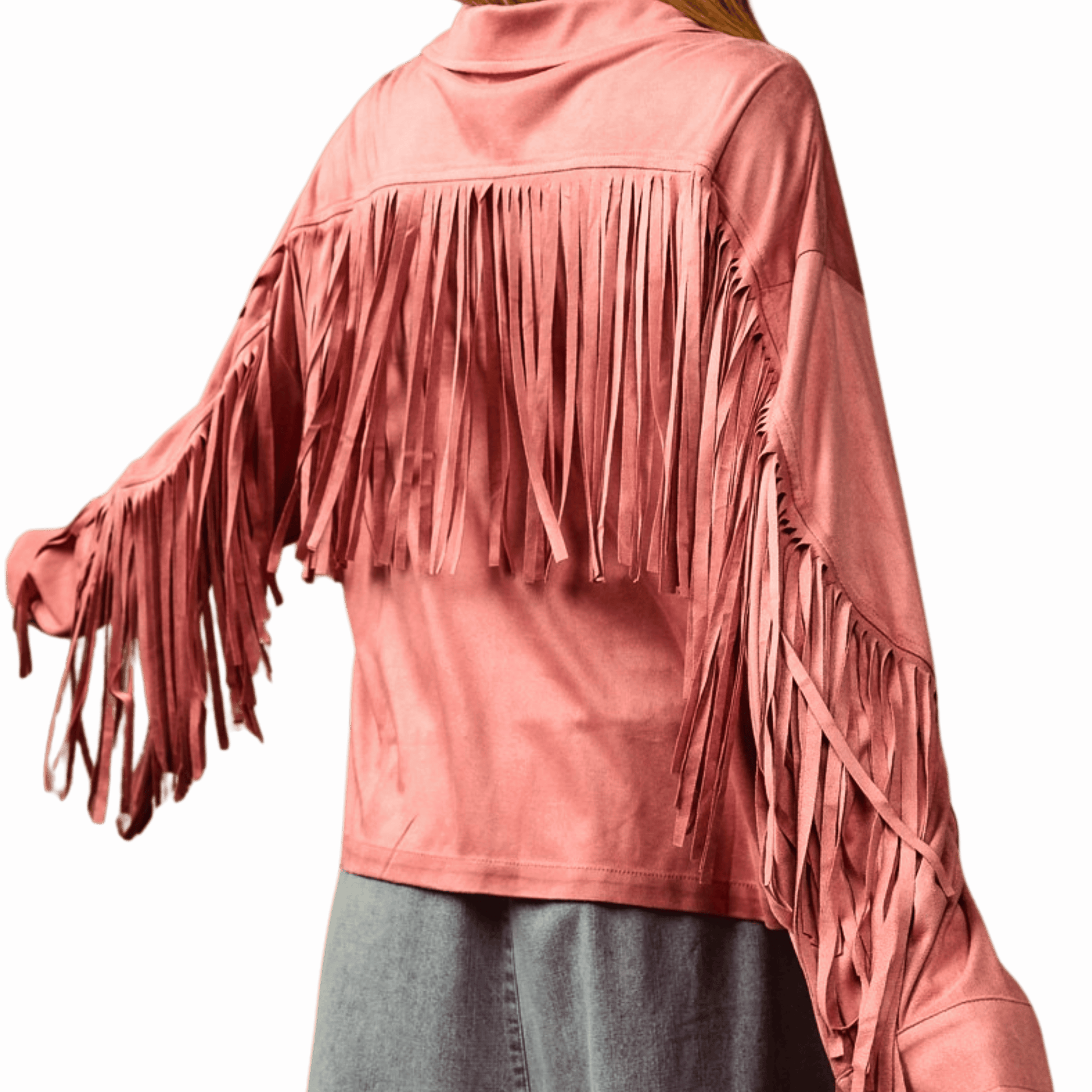 Pink suede fringe jacket on a red background