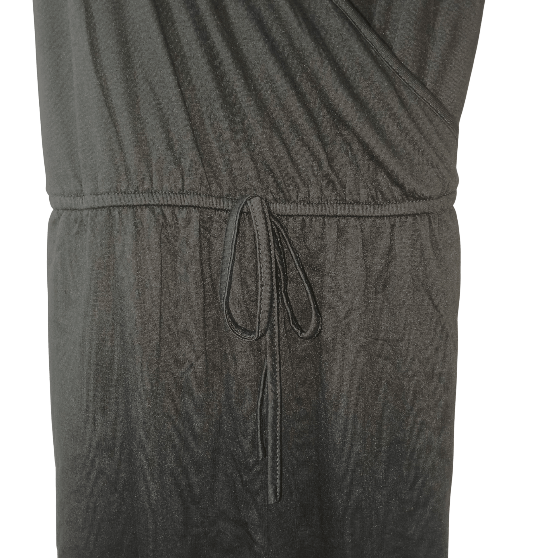 Dark gray jumpsuit with a tie detail on a transparent background