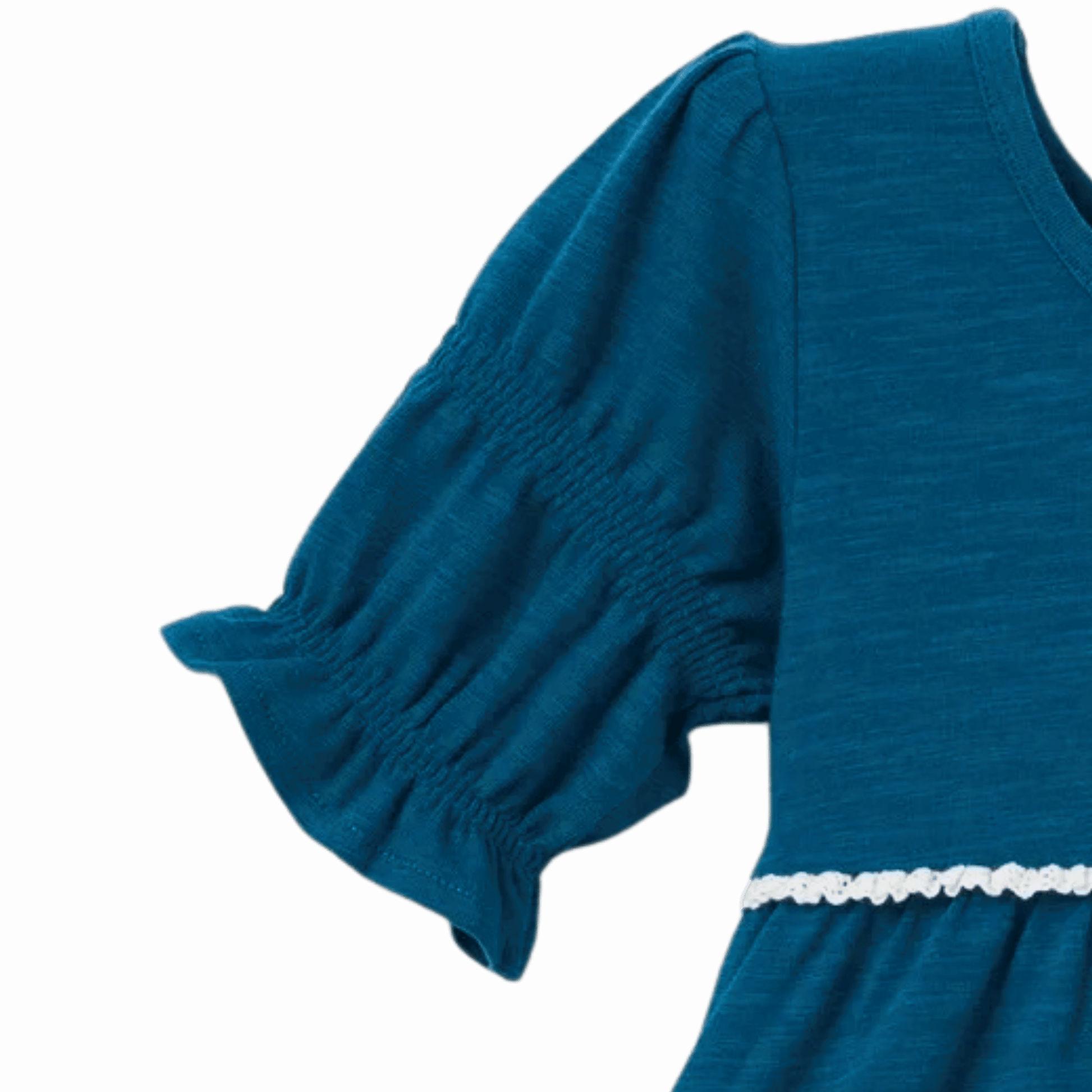 Blue dress with white lace trim on a gray background