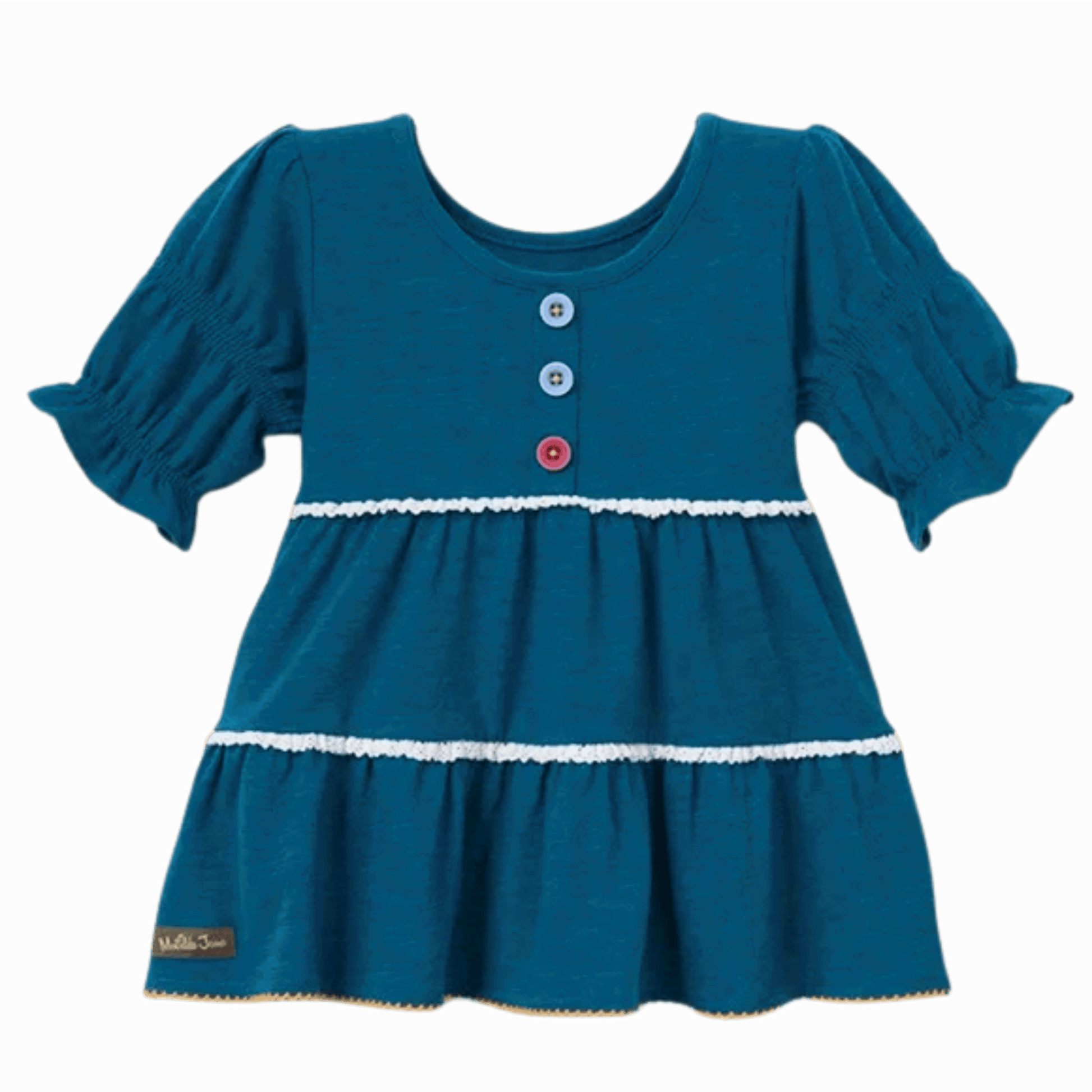 Blue dress with puff sleeves and buttons on a gray background
