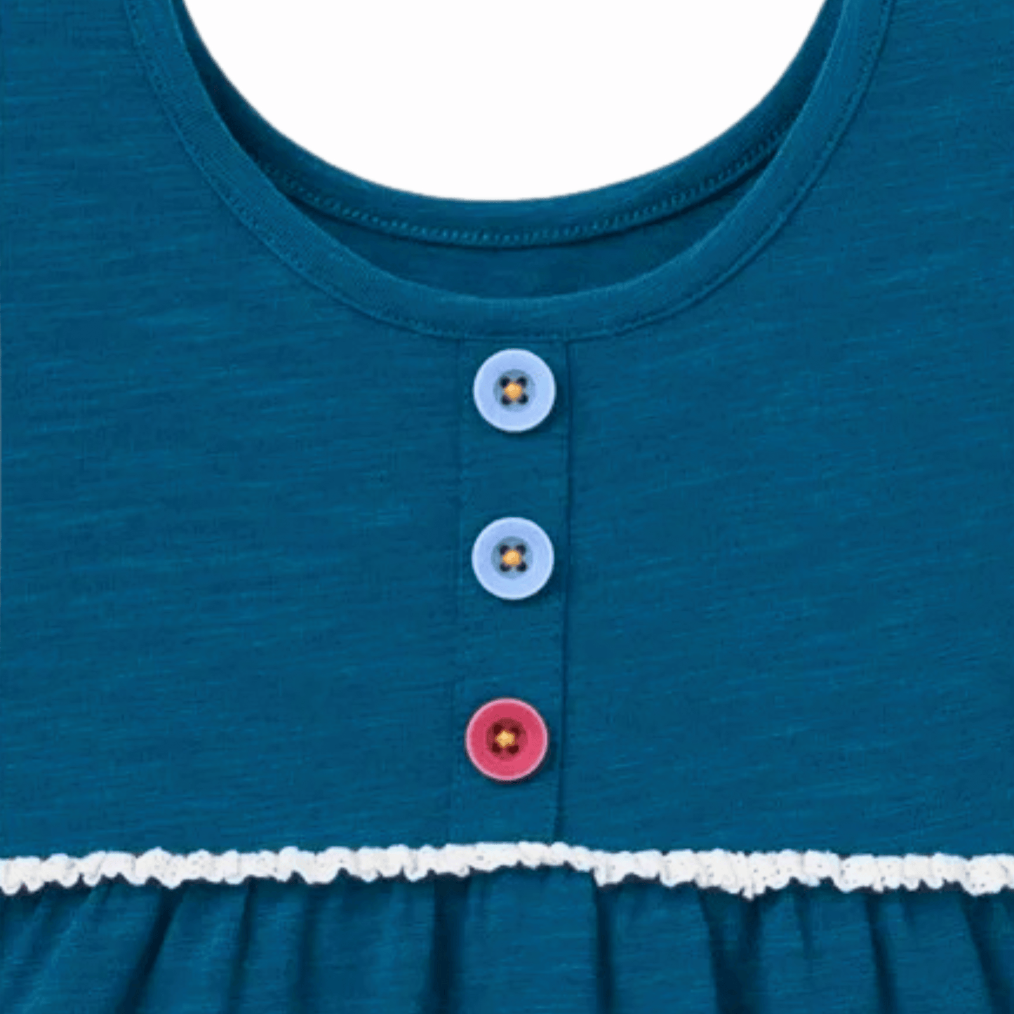 Close-up of a blue dress with buttons and lace trim, featuring a purple collar.