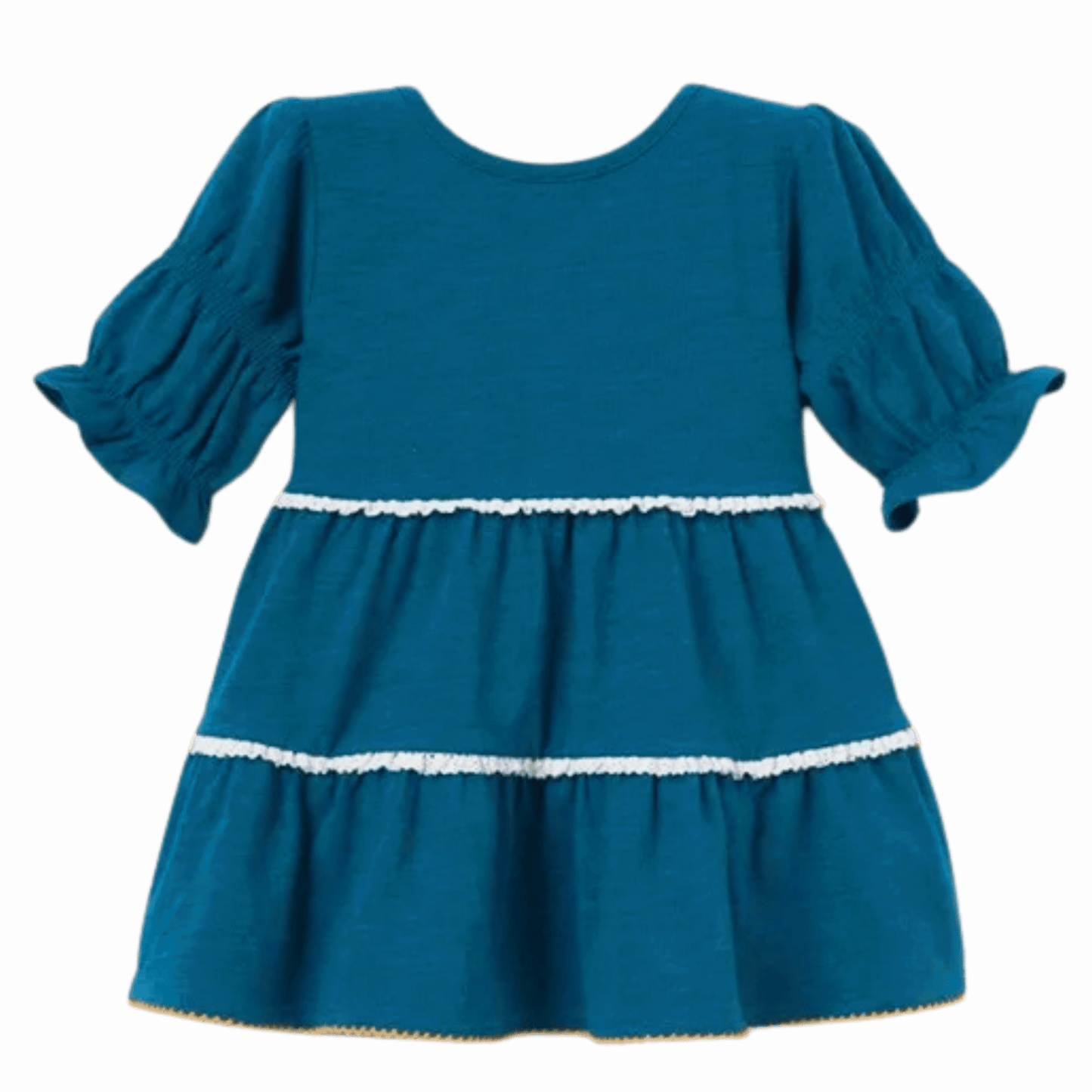 Blue dress with white trim on a green background