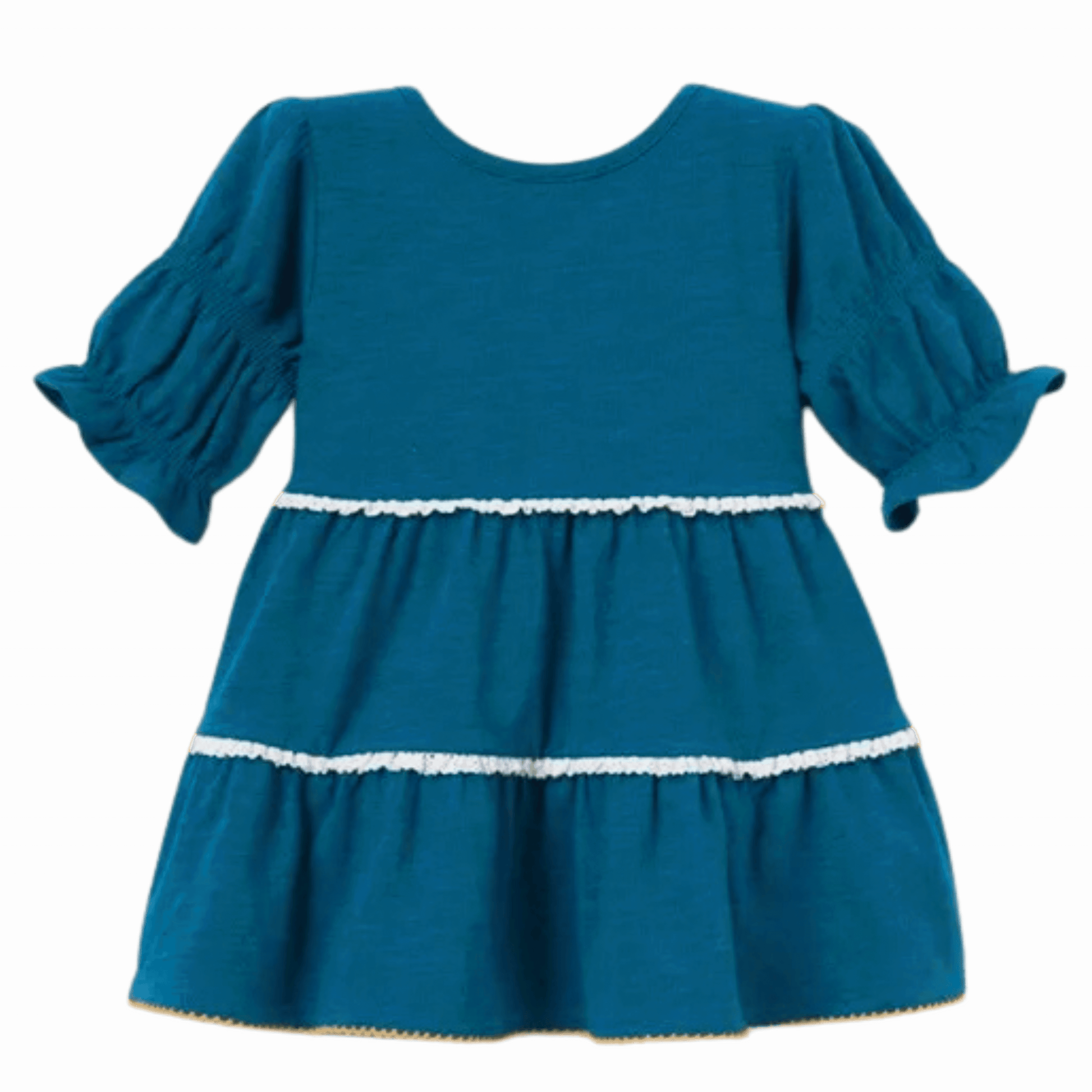 Blue dress with white trim on a green background