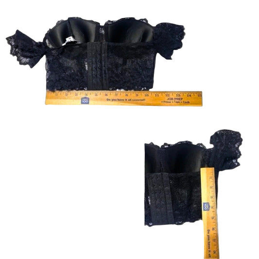 Black lace garment with a measuring tape for scale, fabric swatch, and close-up of lace details.