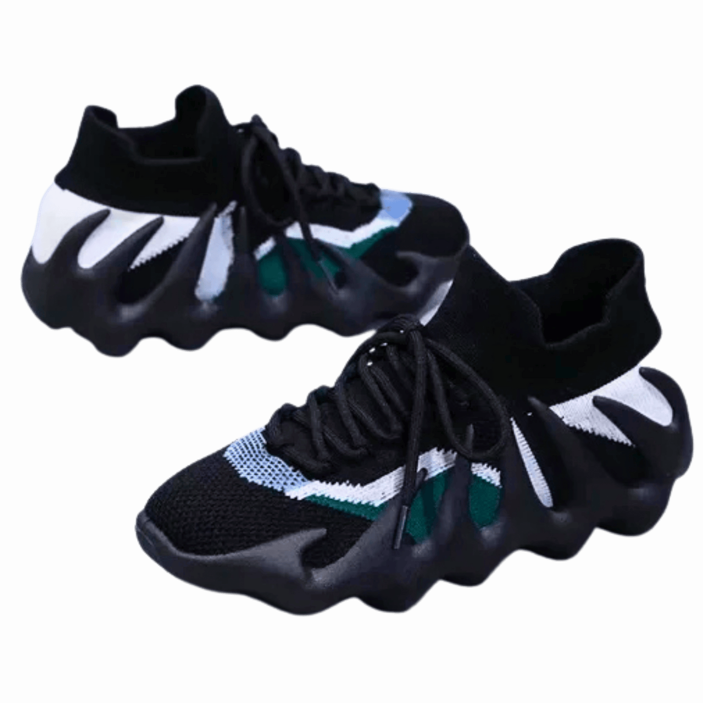 Black and white sneakers with green accents on a black background