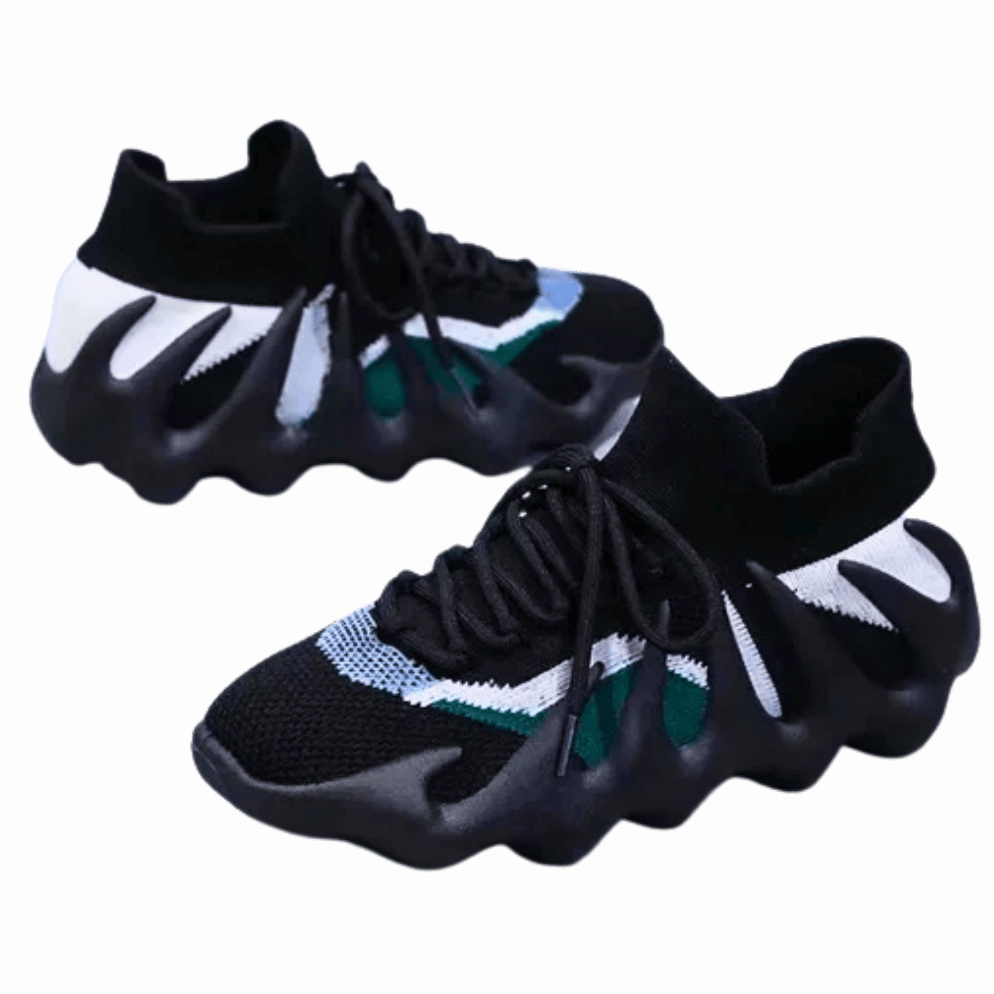 Black and white sneakers with green accents on a black background