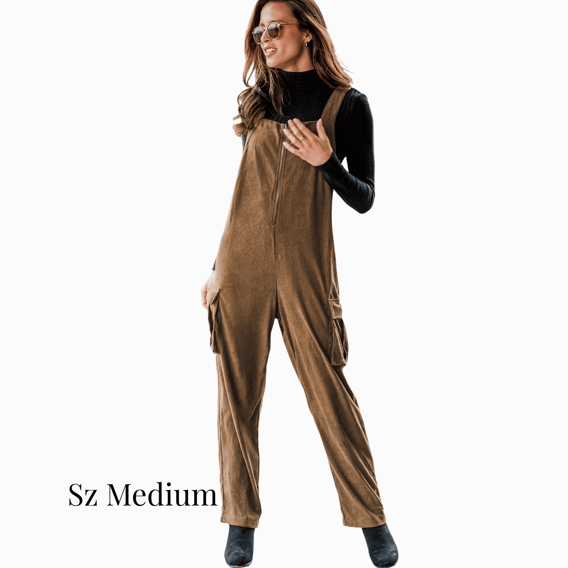 Woman wearing brown overalls on a dark background