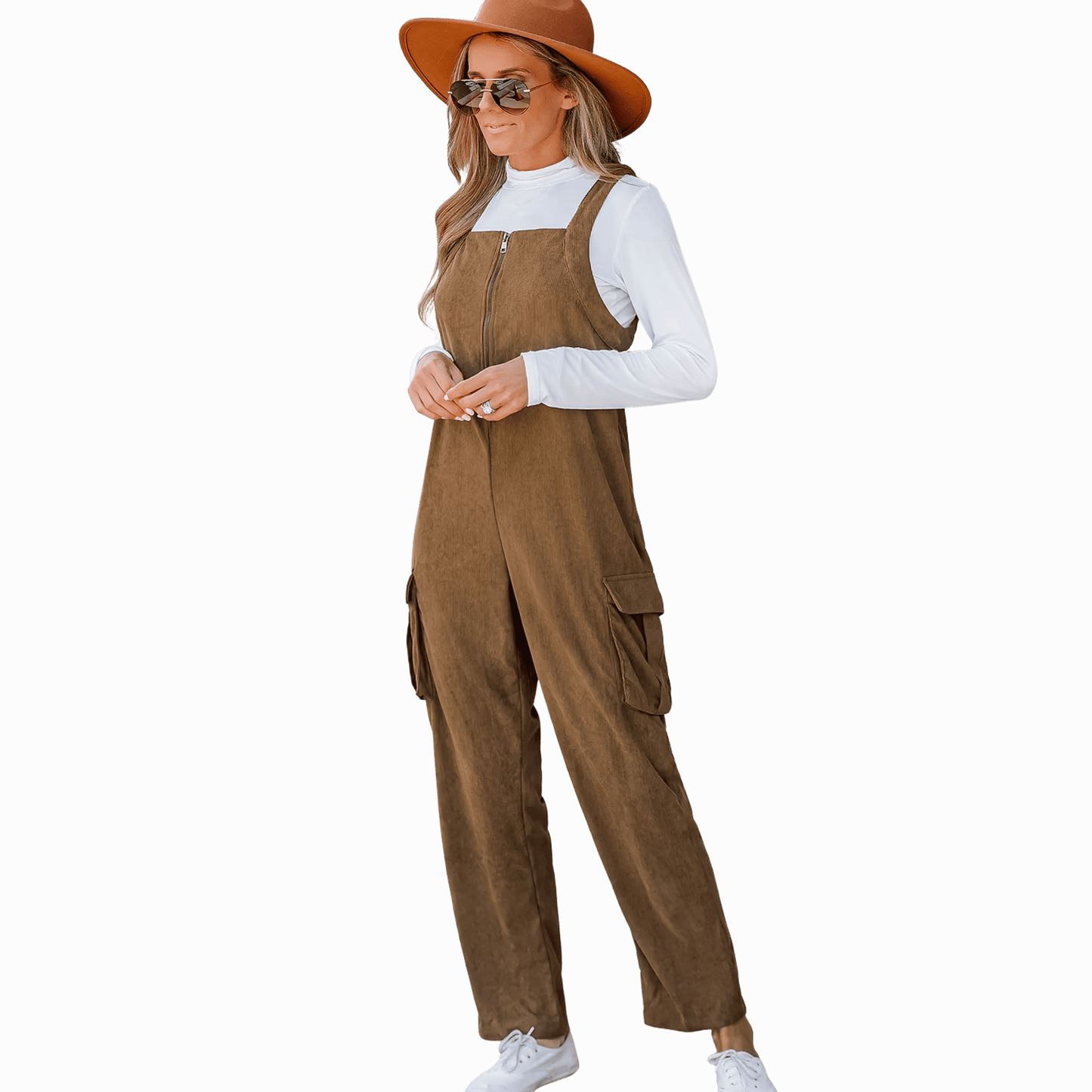 Woman wearing a brown overalls and hat on a red background