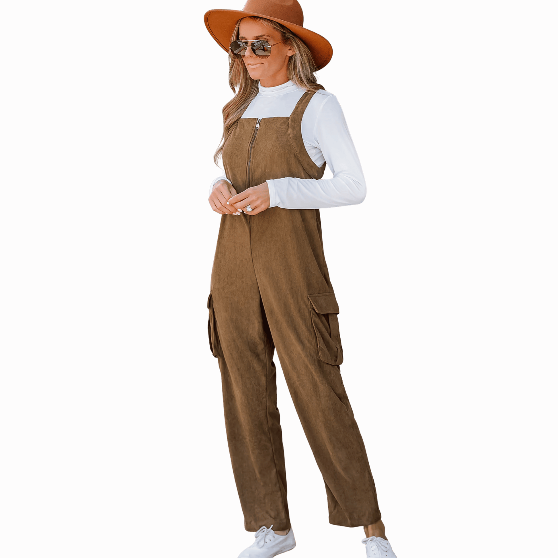 Woman wearing a brown overalls and hat on a red background