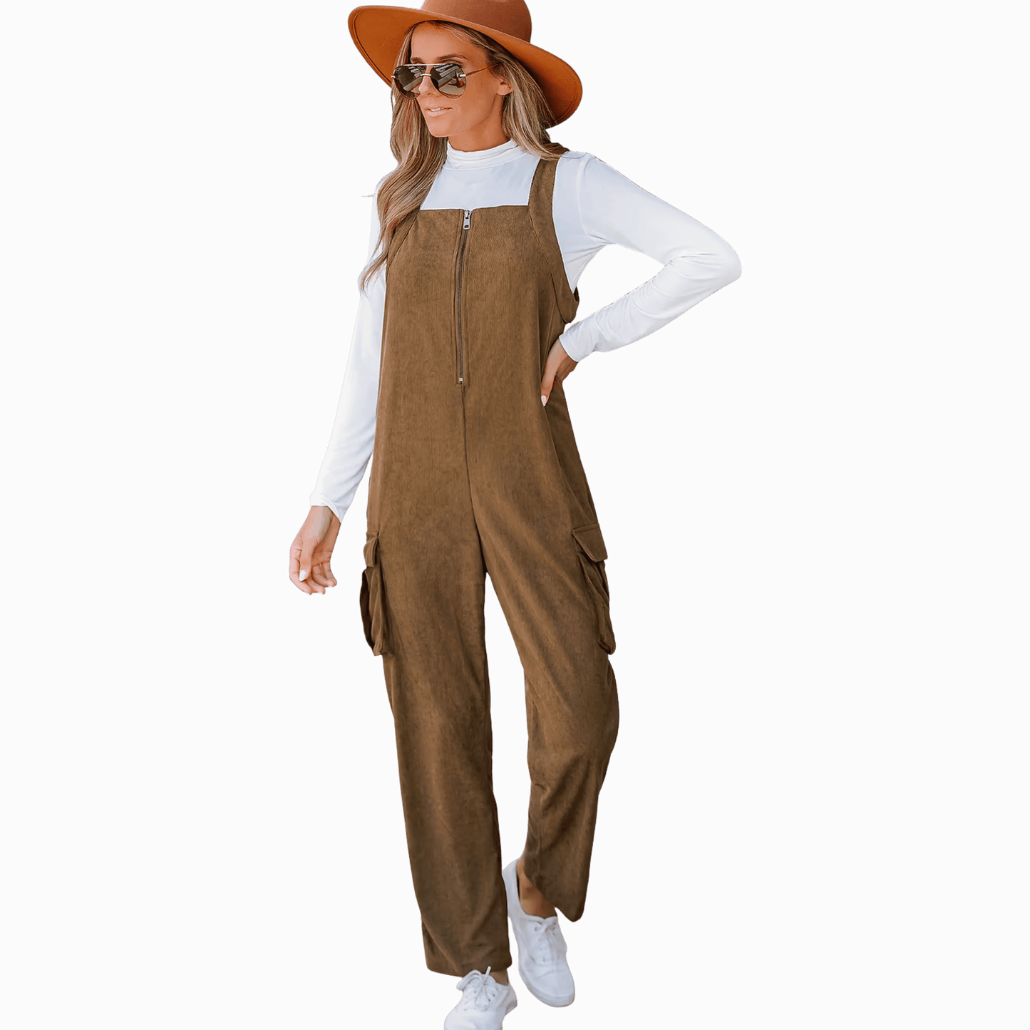 Woman wearing a brown overalls and hat on a dark red background