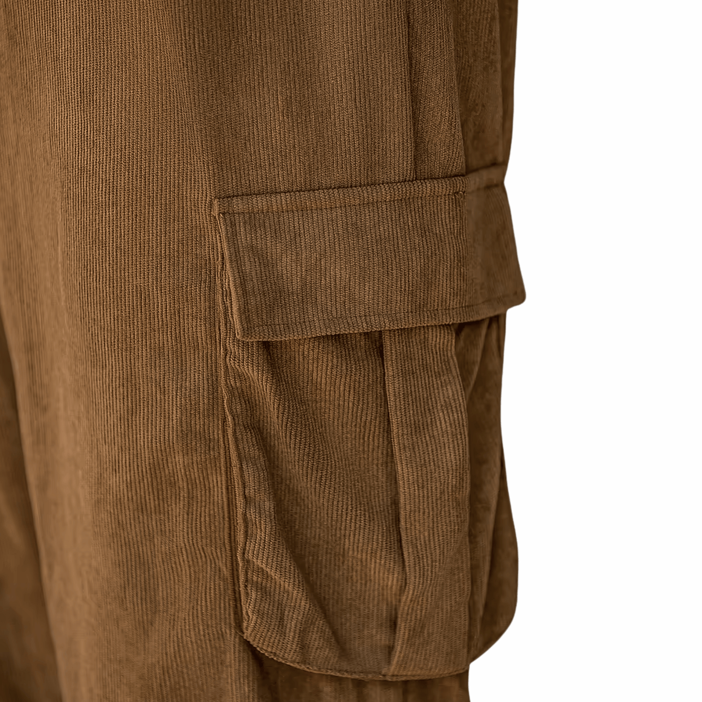 Close-up of brown corduroy pants with a pocket on a black background