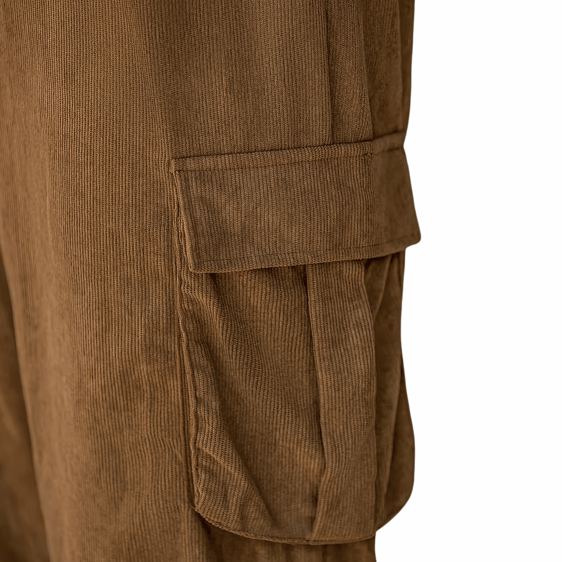 Close-up of brown corduroy pants with a pocket on a black background