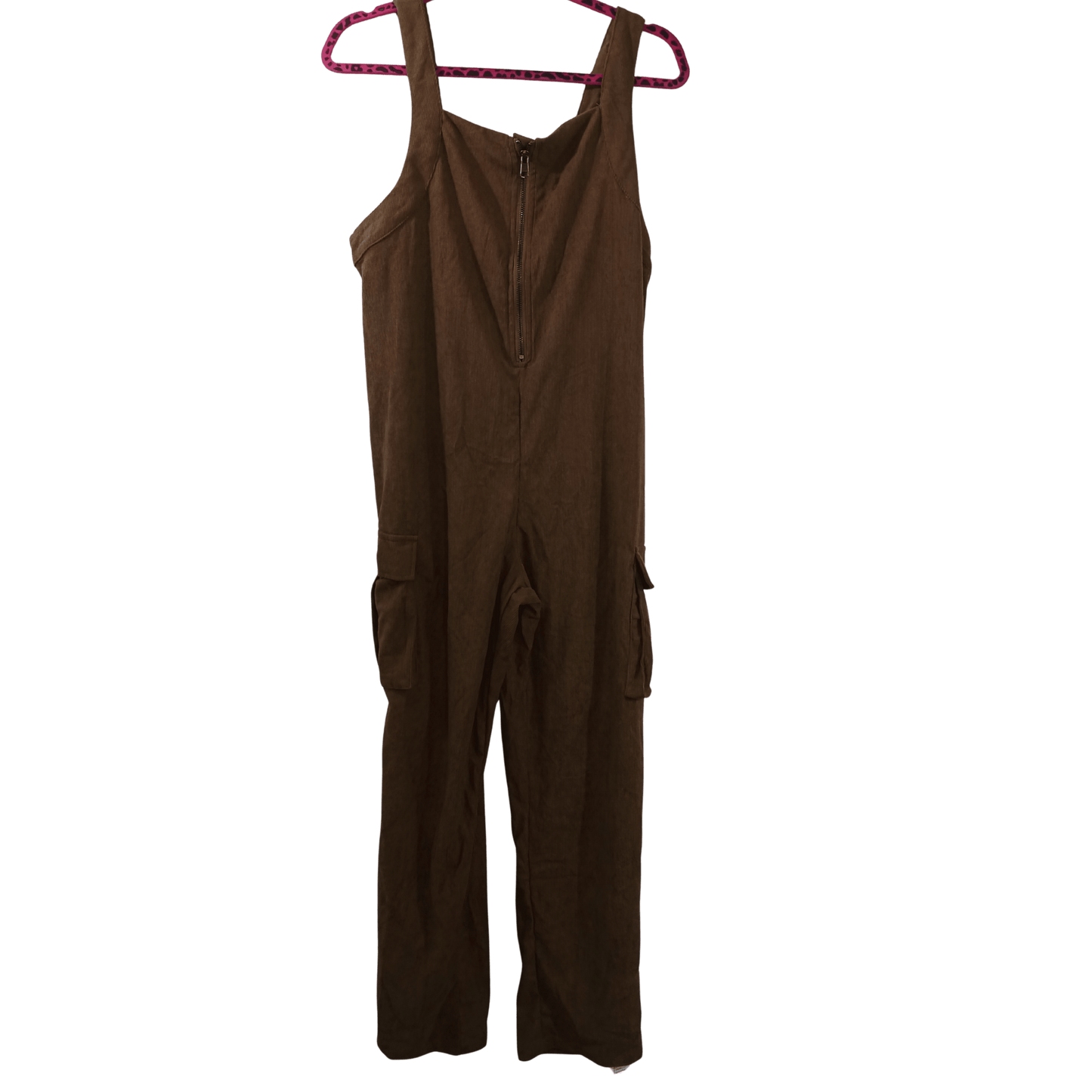Brown jumpsuit on a hanger against a transparent background