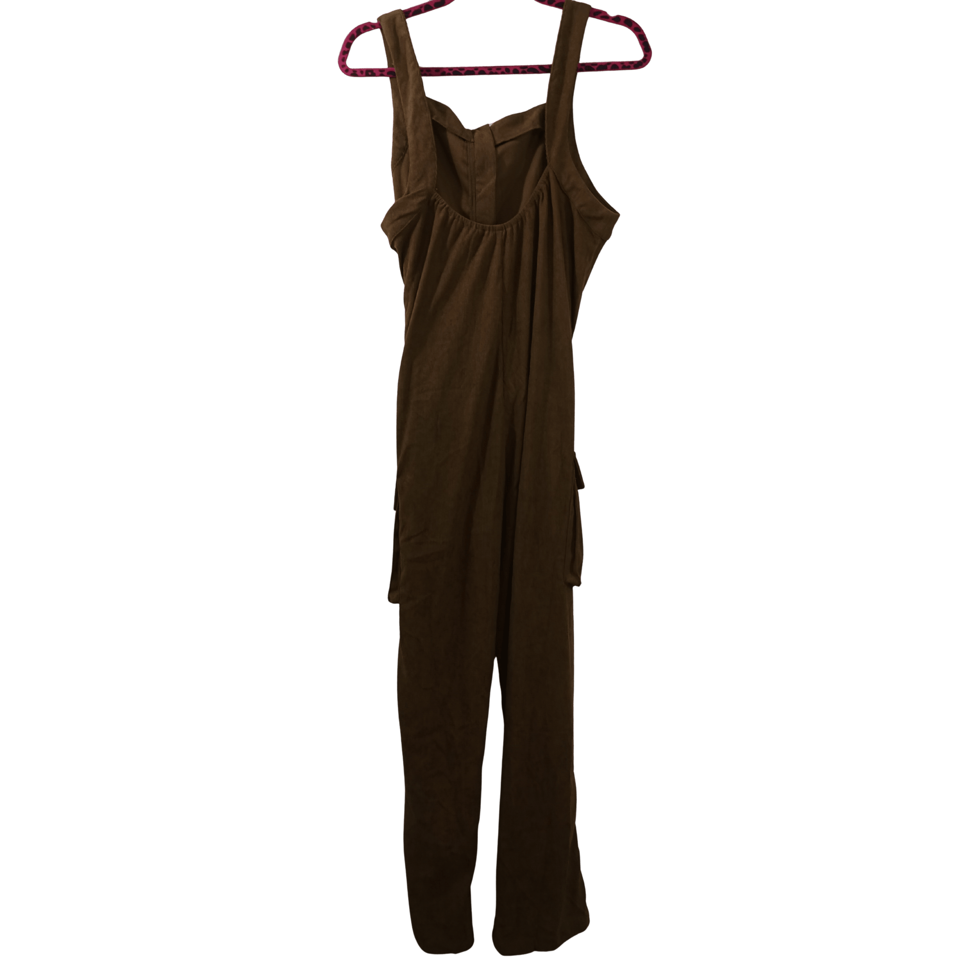 Brown jumpsuit on a hanger against a transparent background