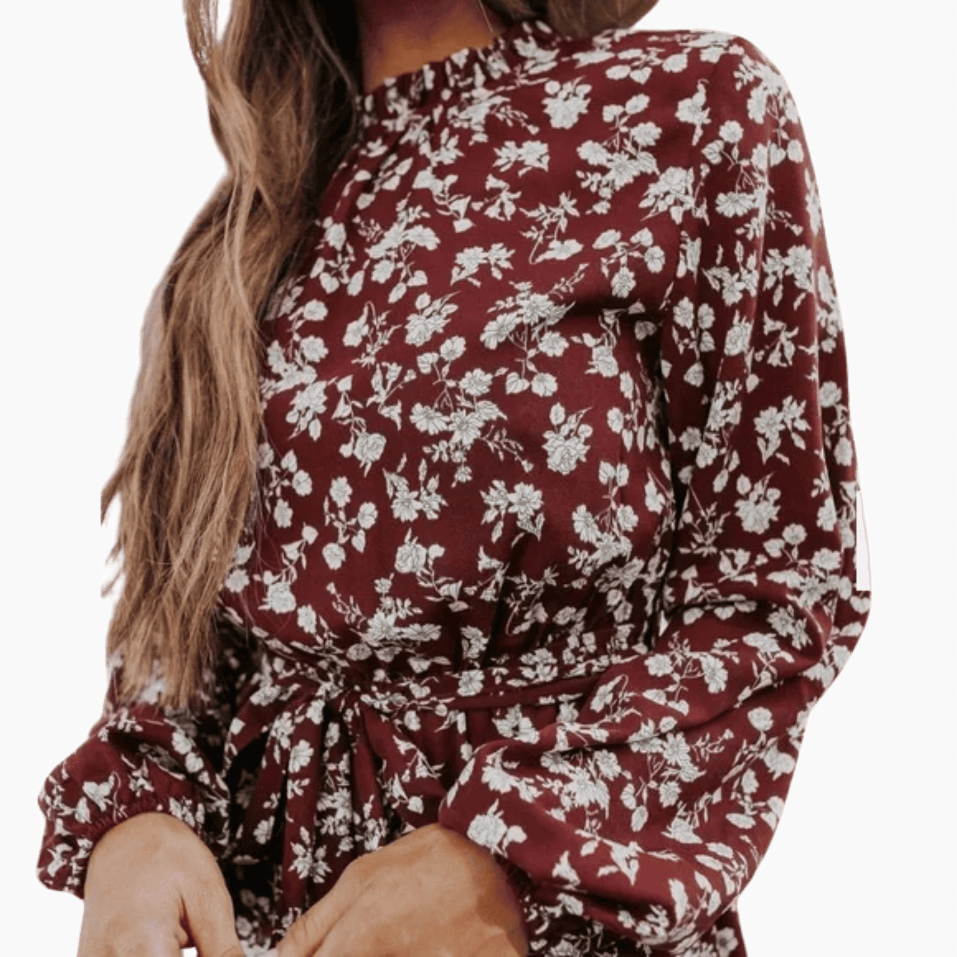 Maroon floral dress with long sleeves on a brown background
