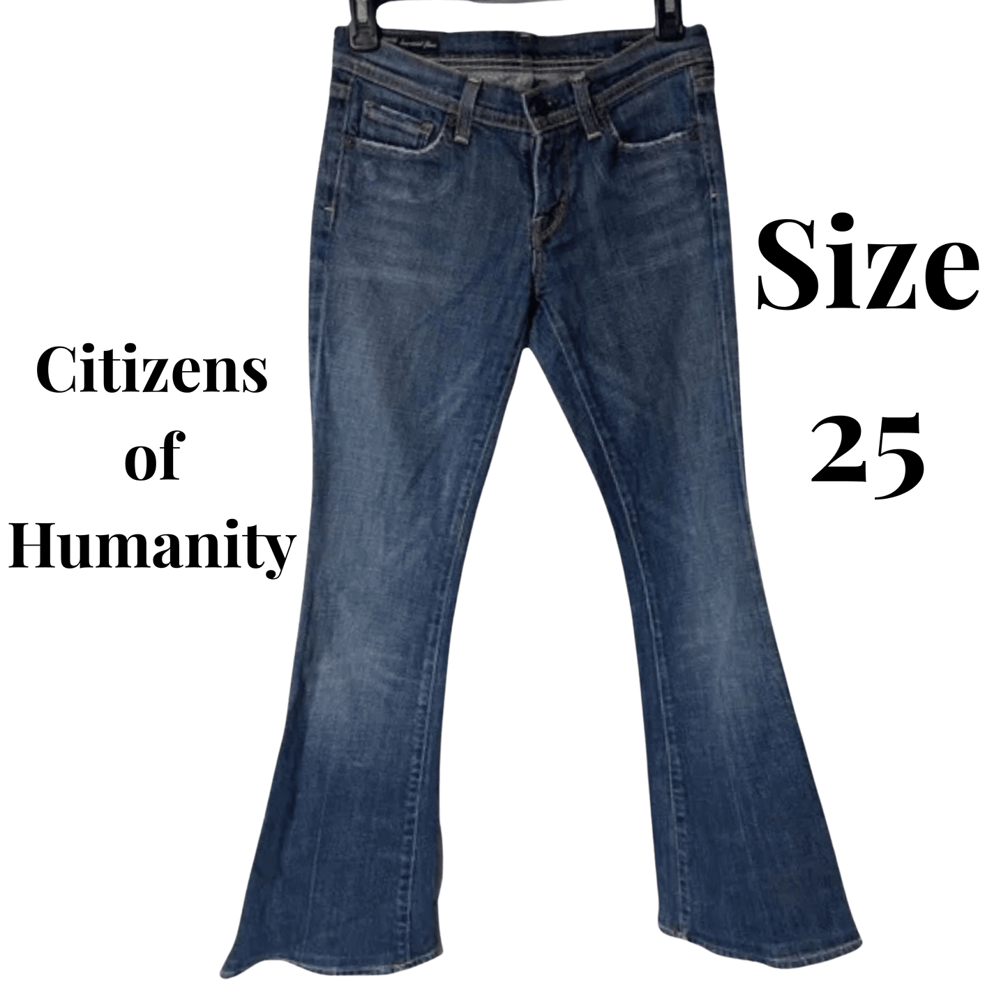 Blue jeans with 'Citizens of Humanity' branding and size '25' text on a transparent background