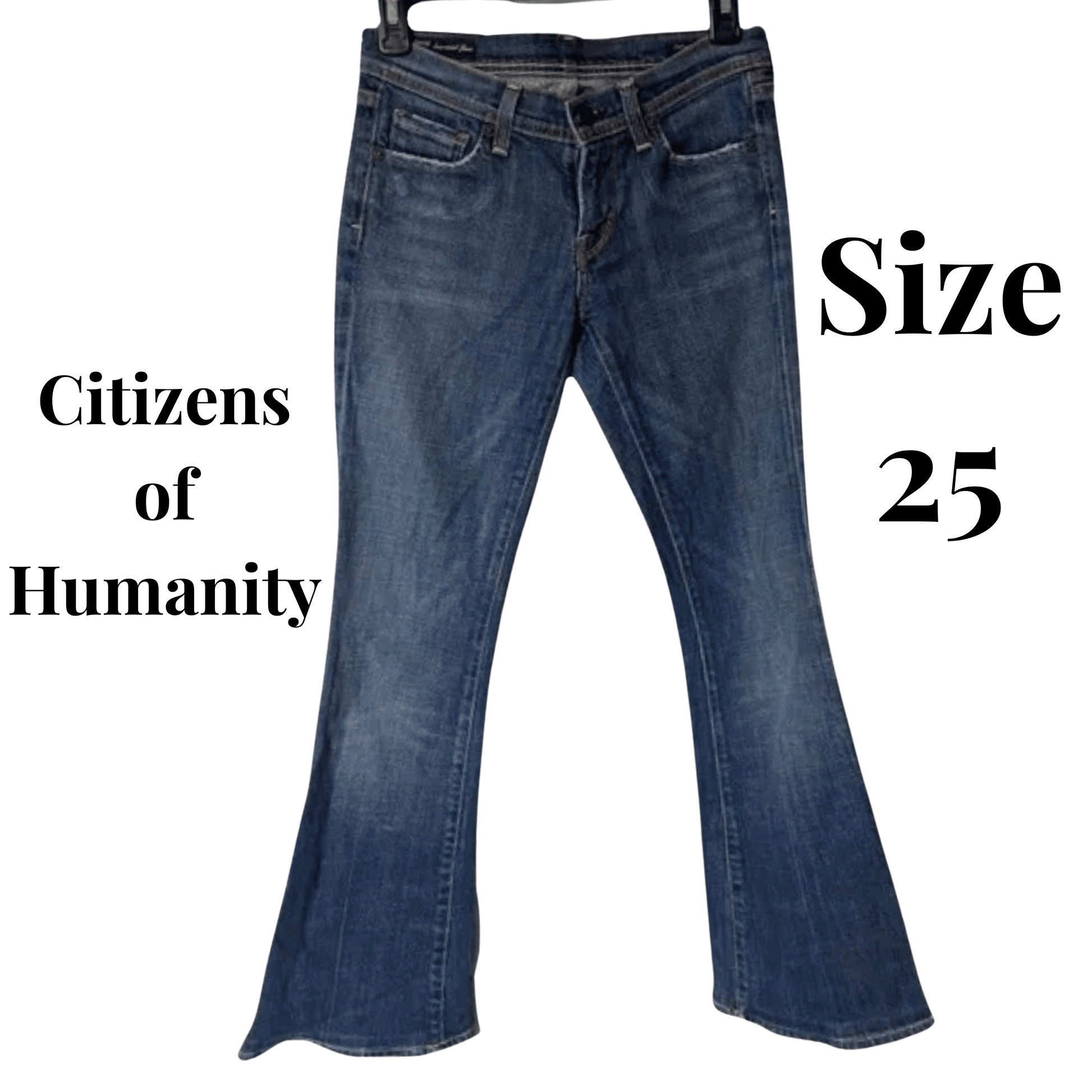 Blue jeans with 'Citizens of Humanity' branding and size '25' text on a transparent background