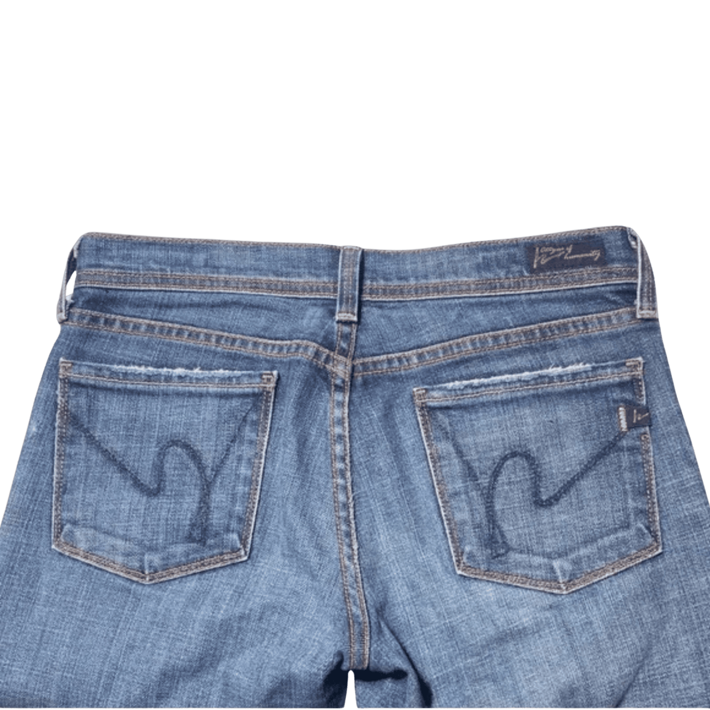 Back view of blue jeans with a visible brand logo on a transparent background