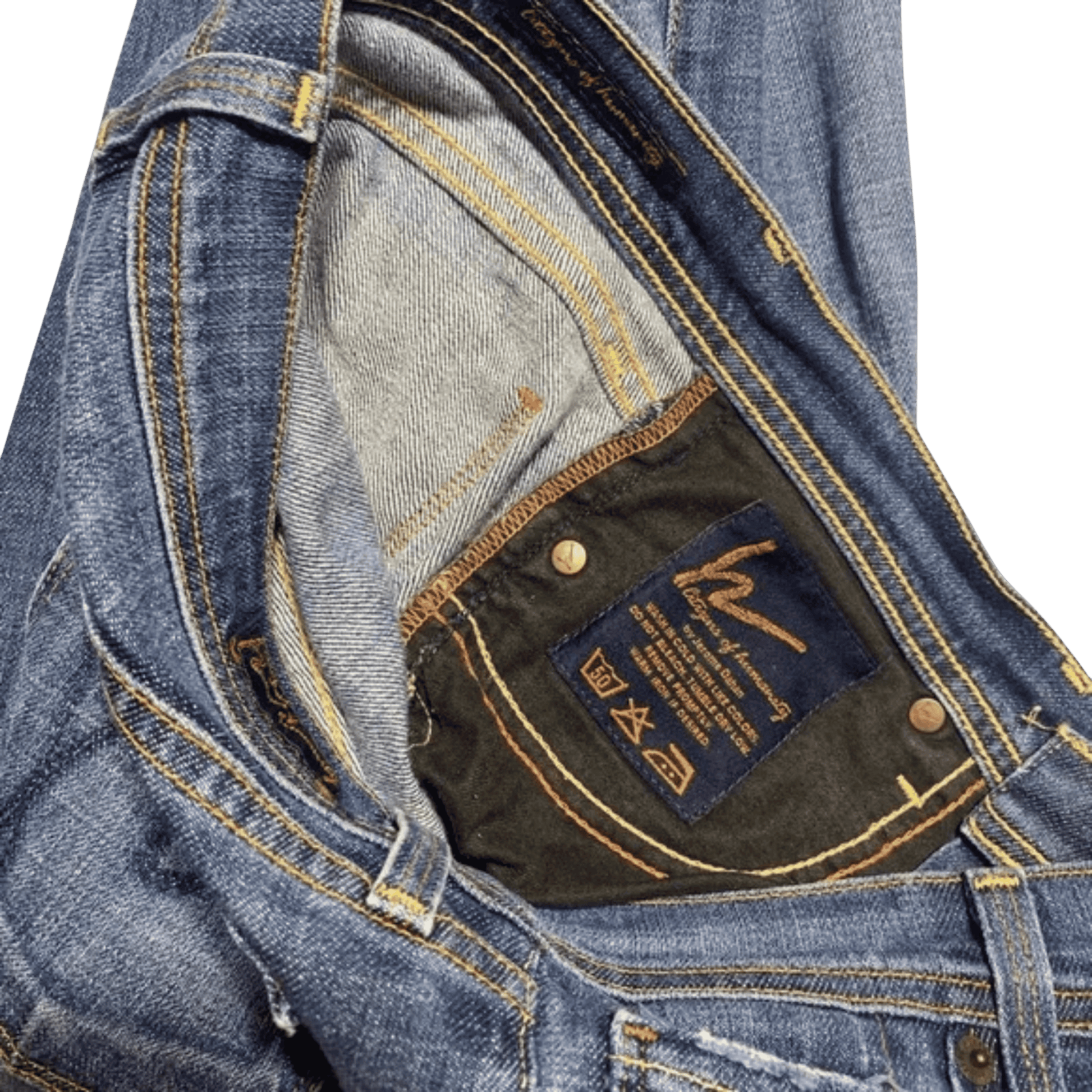 Close-up of a blue denim jacket with a brand label on a transparent background