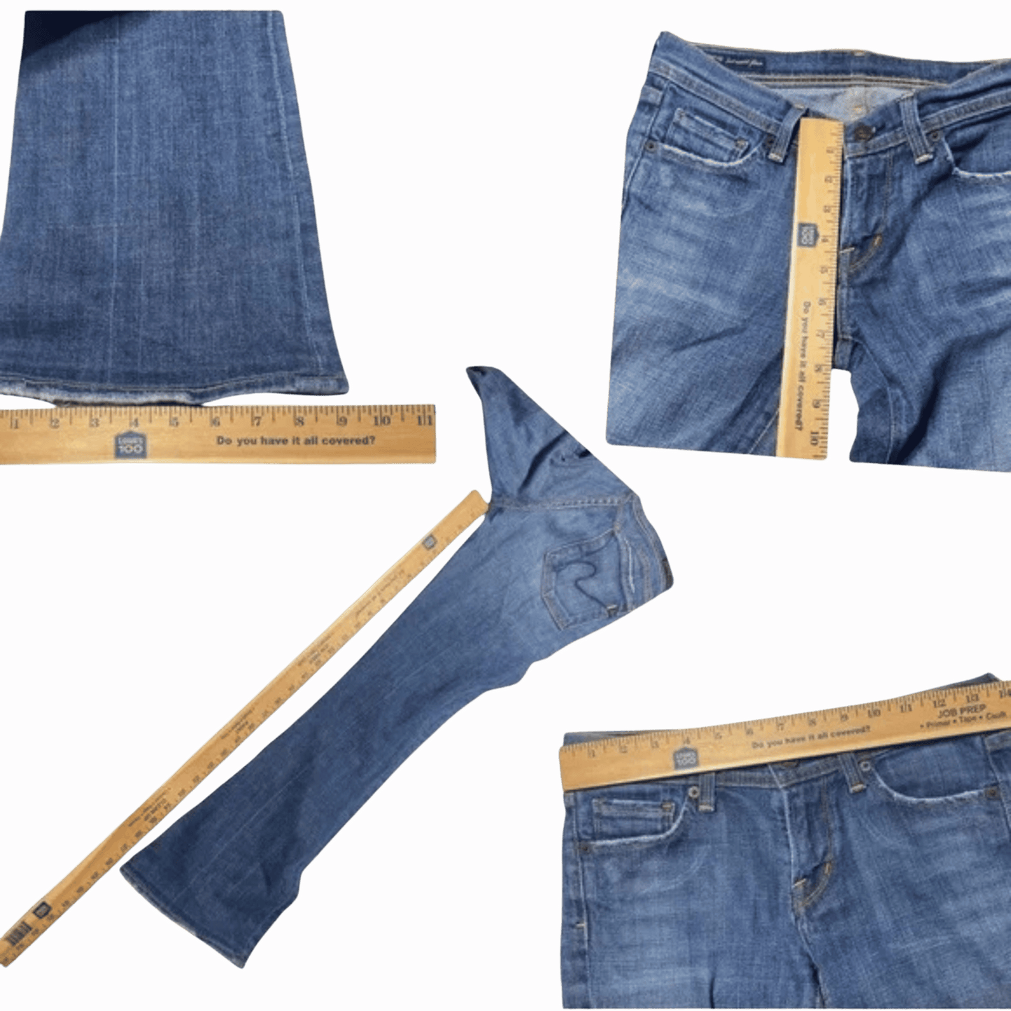 Collage of blue jeans with a measuring tape on a purple background