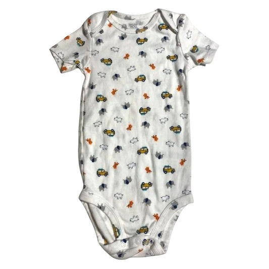 Baby onesie with vehicle pattern on a white background