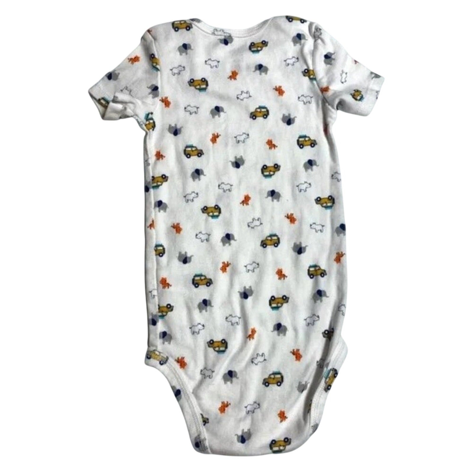 Baby onesie with vehicle pattern on a white background
