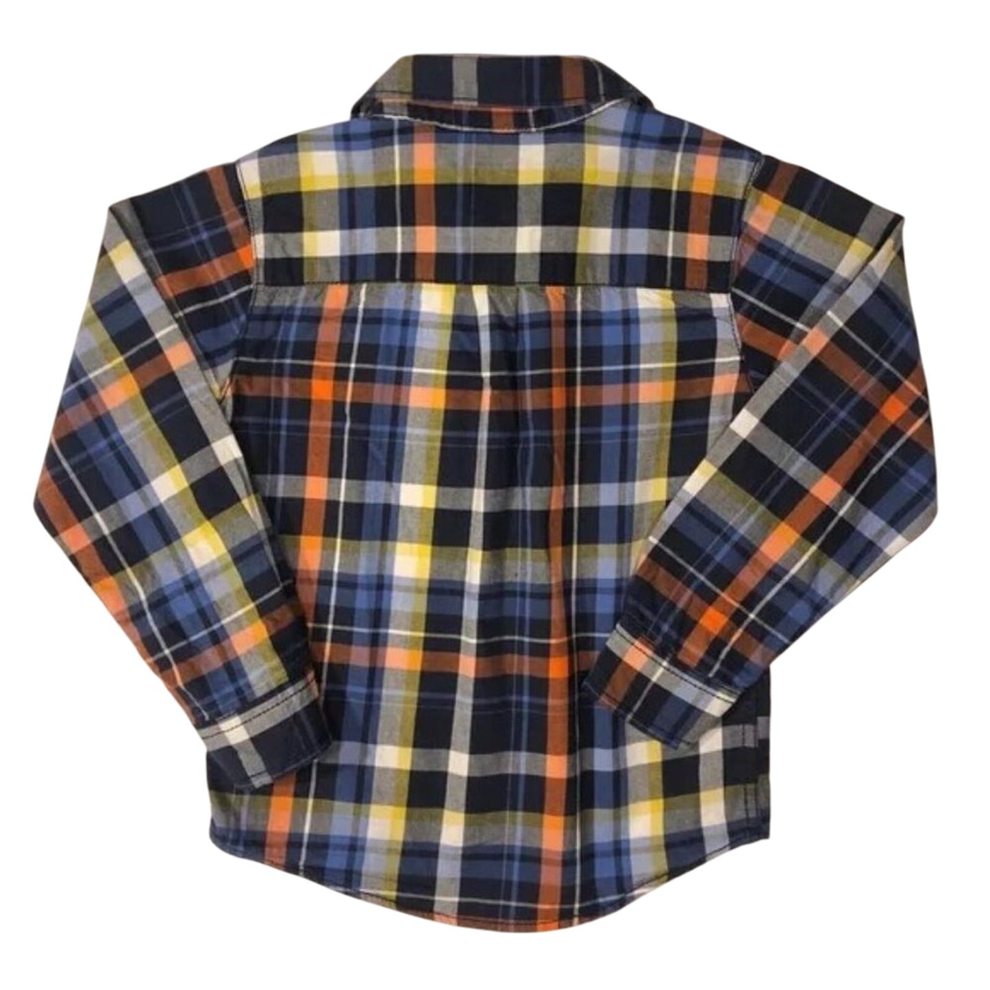 Plaid shirt with blue, orange, and yellow pattern on a white background