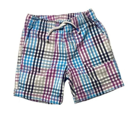 Plaid shorts with a drawstring on a white background