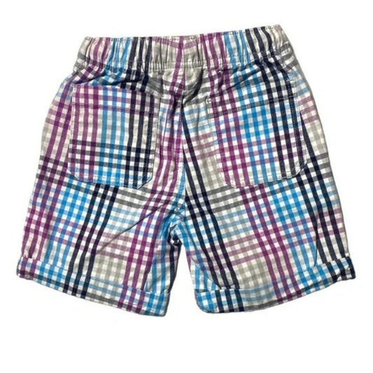 Plaid shorts with a multicolor pattern on a white background