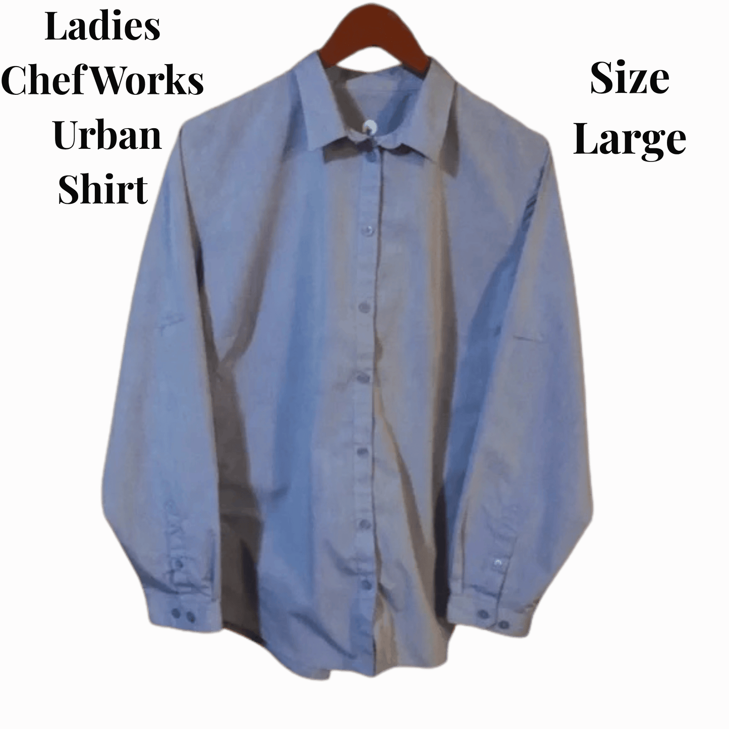 Light blue shirt on a hanger with text indicating brand and size on a red background