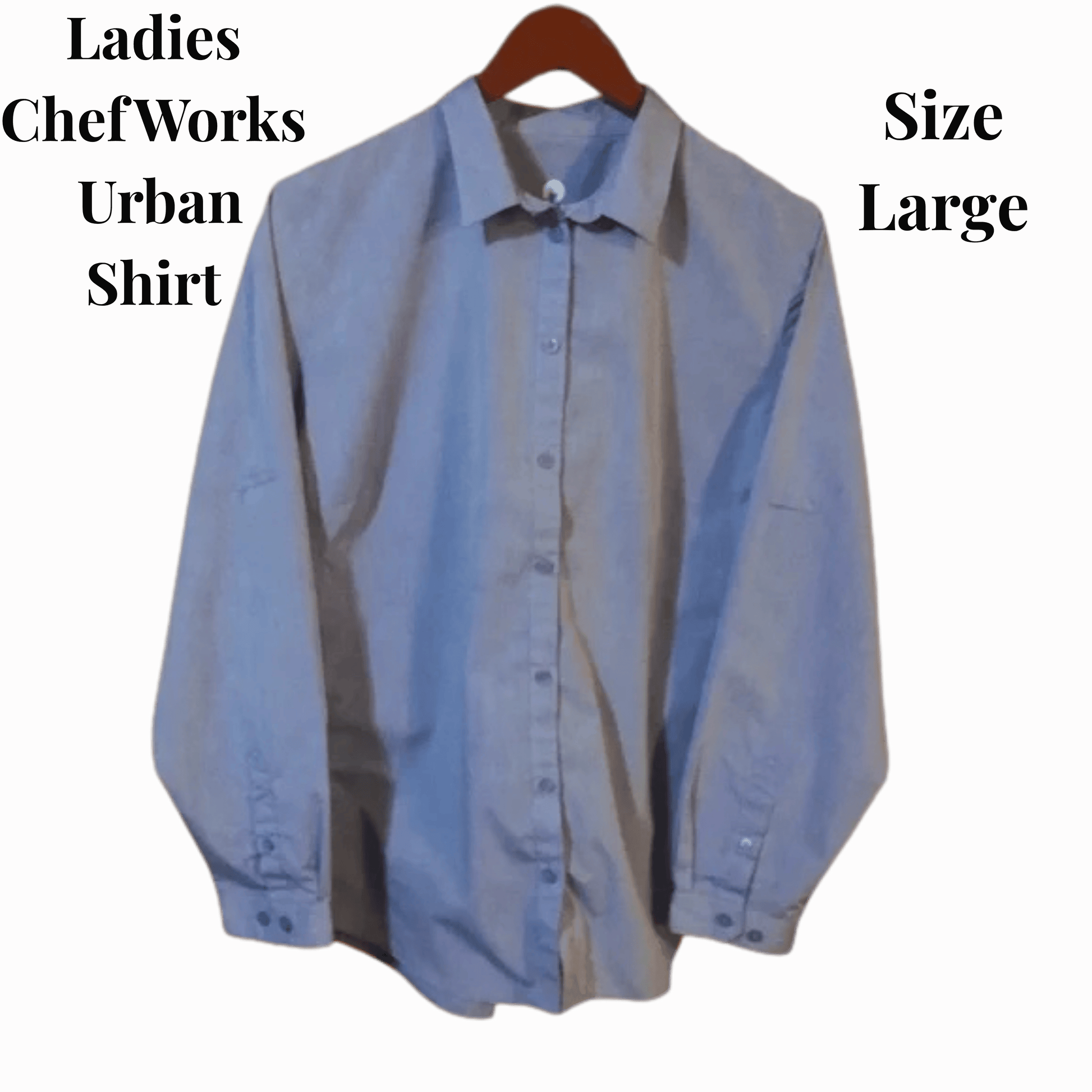 Light blue shirt on a hanger with text indicating brand and size on a red background