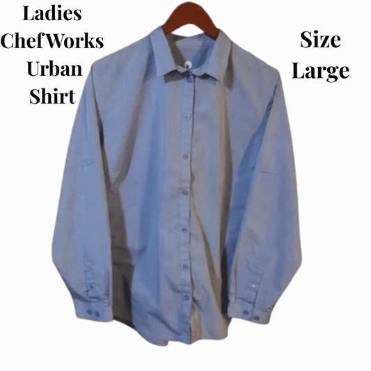 Light blue shirt on a hanger with text indicating brand and size on a red background