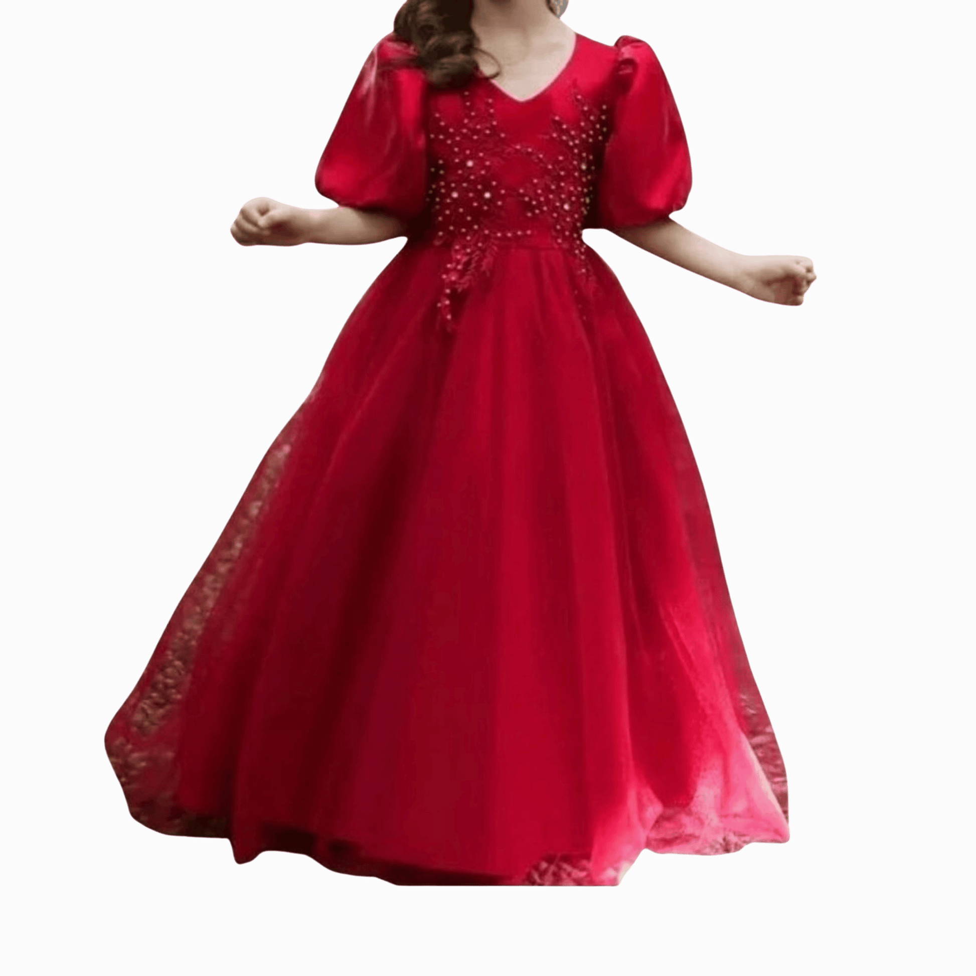 Red evening gown with beaded details on a dark background