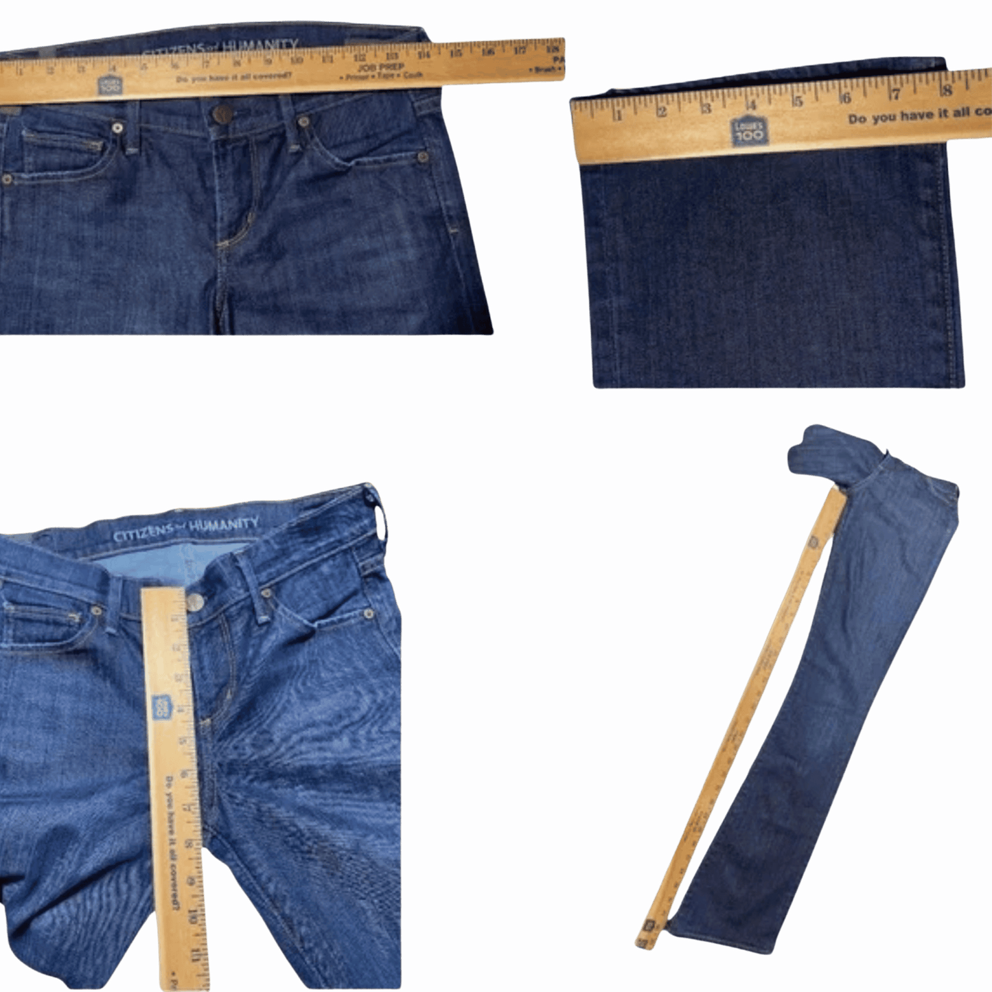 Collage of blue jeans with measuring tapes for size comparison on a purple background