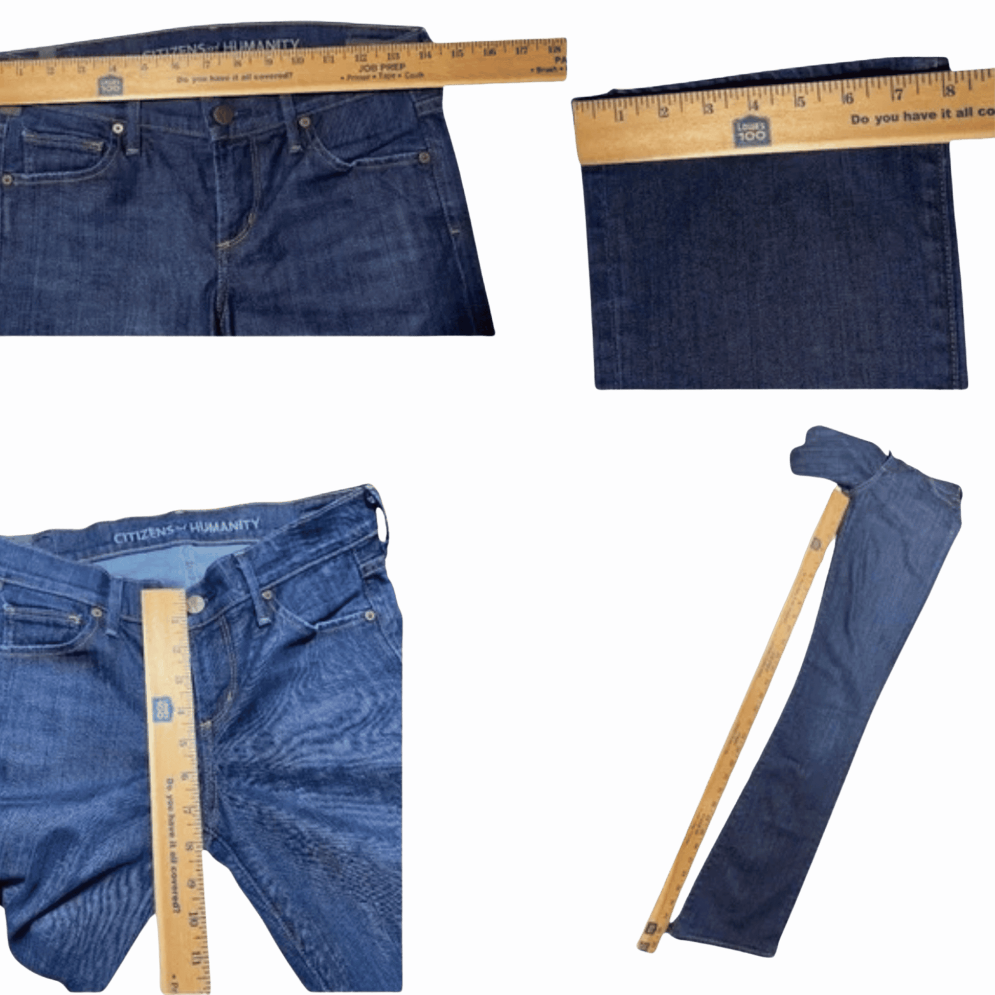 Collage of blue jeans with measuring tapes for size comparison on a purple background