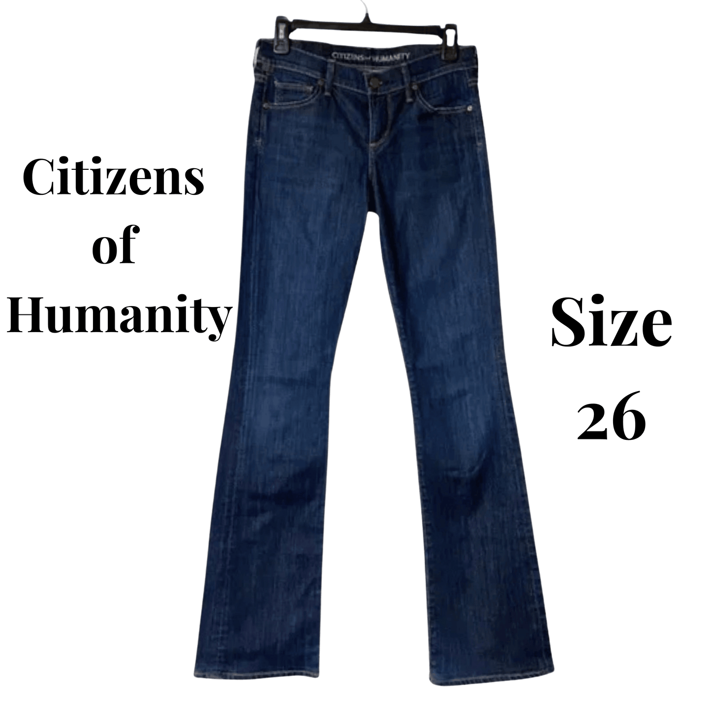 Blue jeans on a hanger with 'Citizens of Humanity' branding and size '26' text.