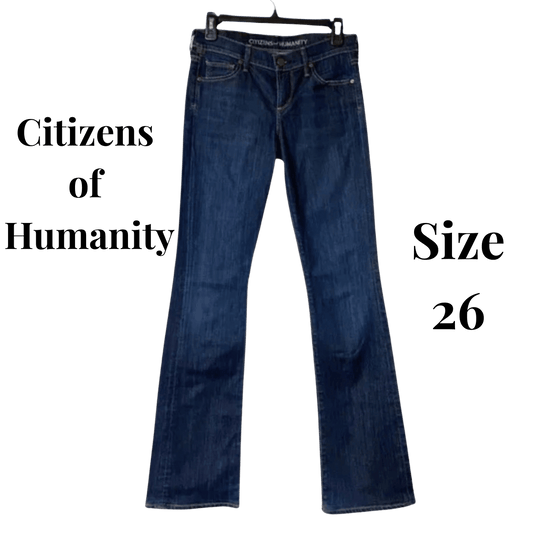 Blue jeans on a hanger with 'Citizens of Humanity' branding and size '26' text.