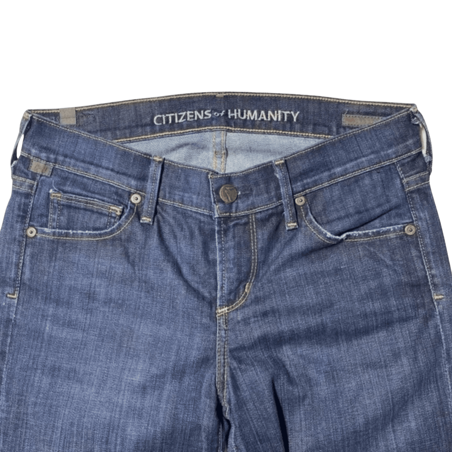 Blue jeans with 'Citizens of Humanity' branding on a transparent background
