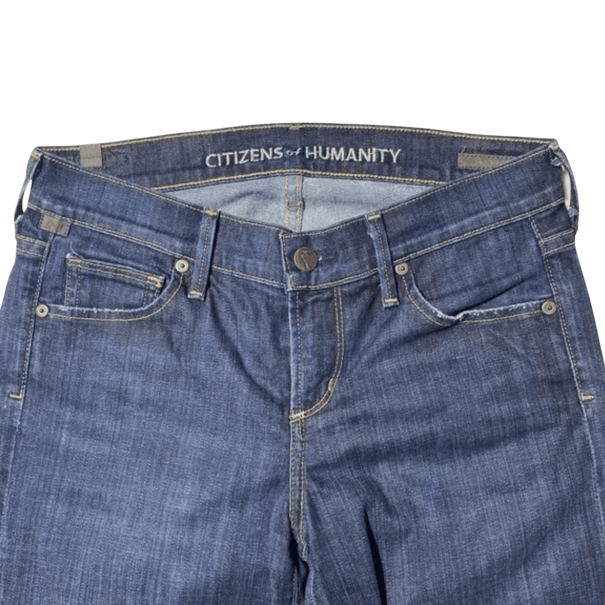 Blue jeans with 'Citizens of Humanity' branding on a transparent background