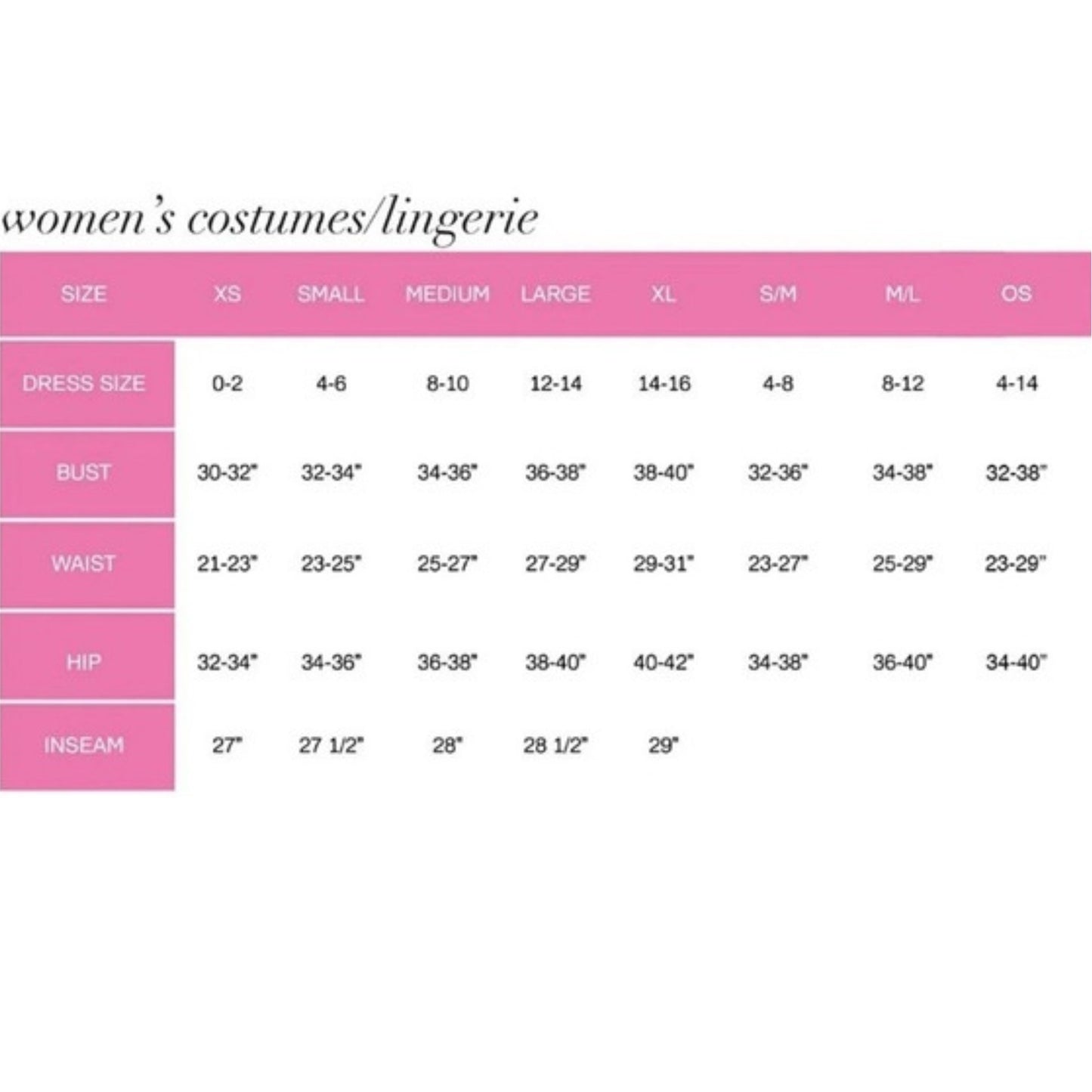 Size chart for women's costumes/lingerie with measurements on a pink background
