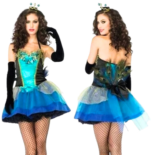 Woman in a peacock-themed costume with blue and green dress and feather accents.