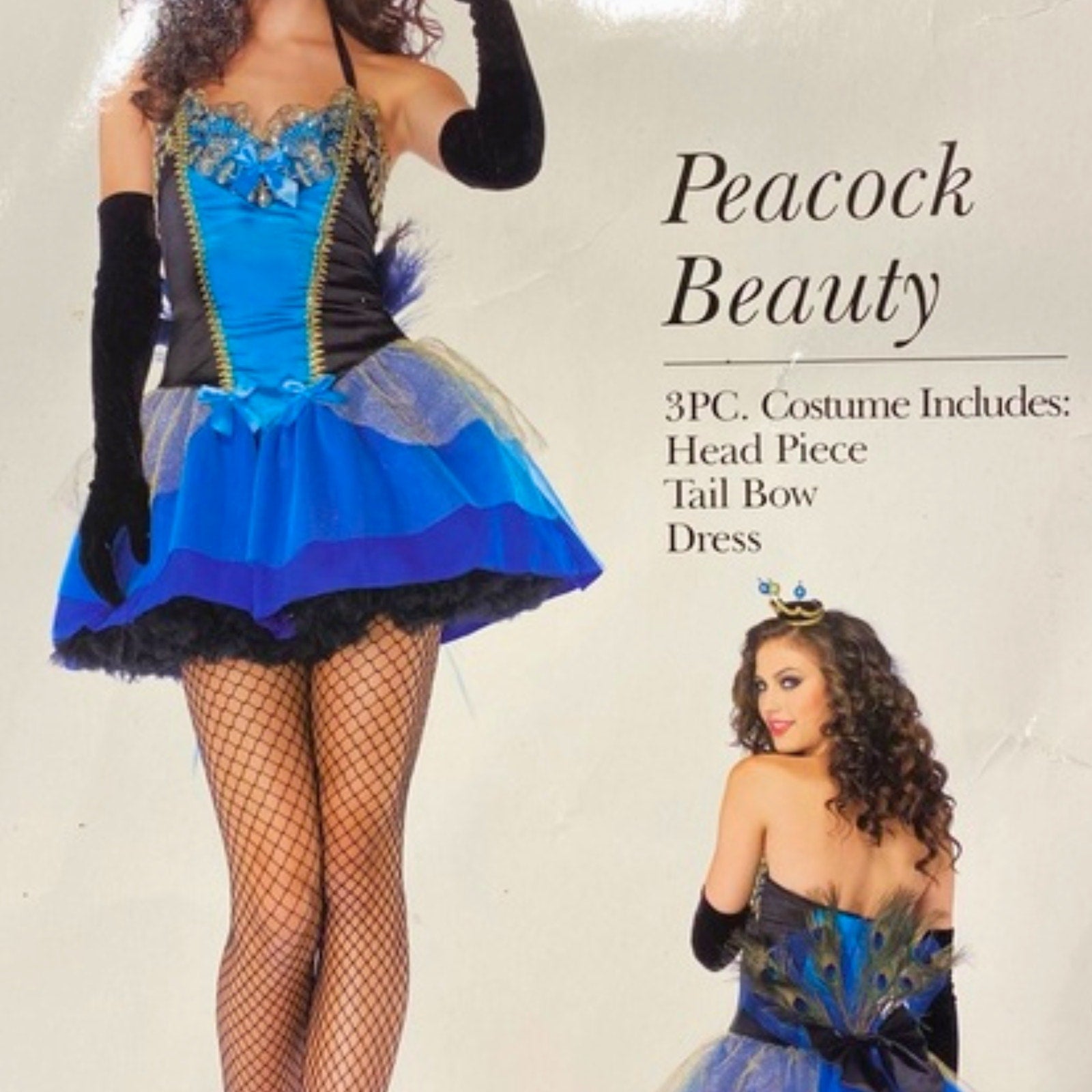 Peacock-themed costume with dress, headpiece, and tail bow on a plain background