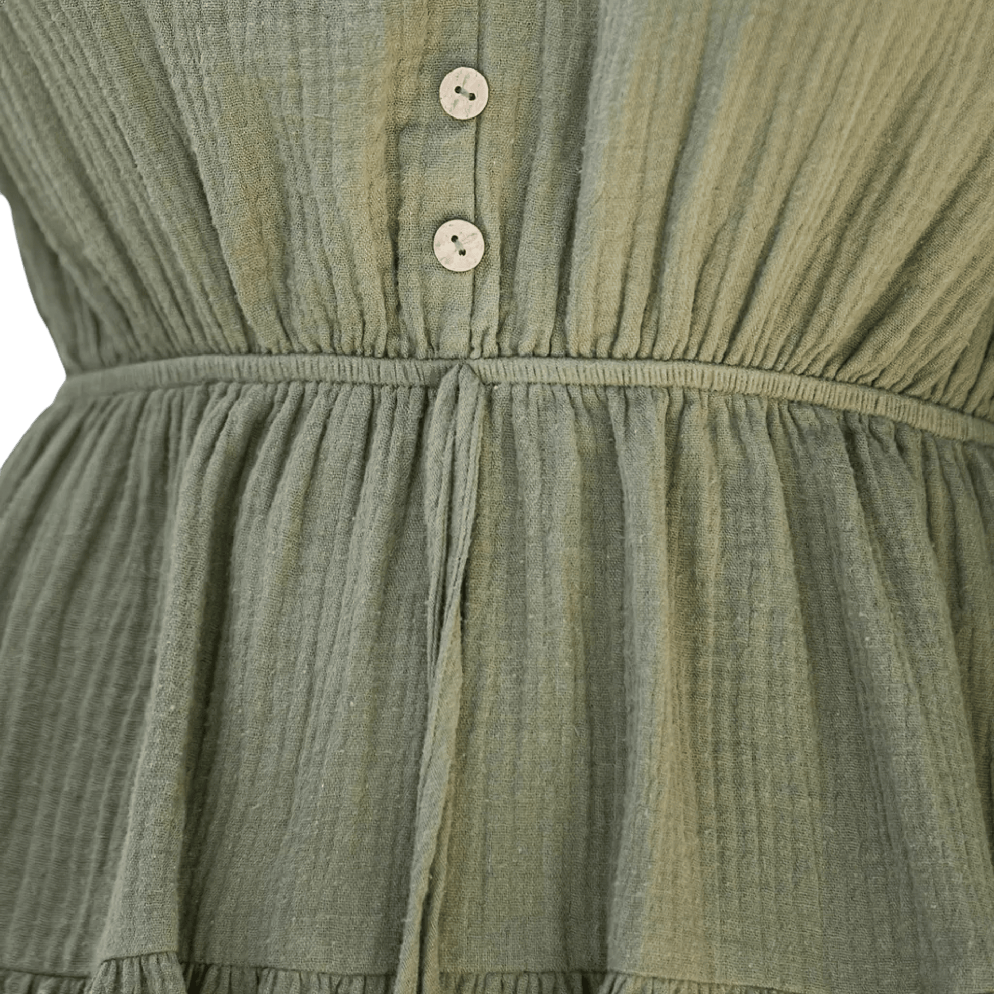 Close-up of a green dress with button details on a plain background