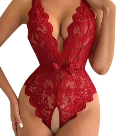 Red lace lingerie set on a white background