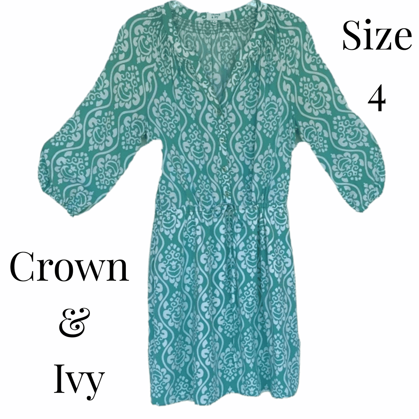 Green patterned dress on a blue background with 'Crown & Ivy' branding.