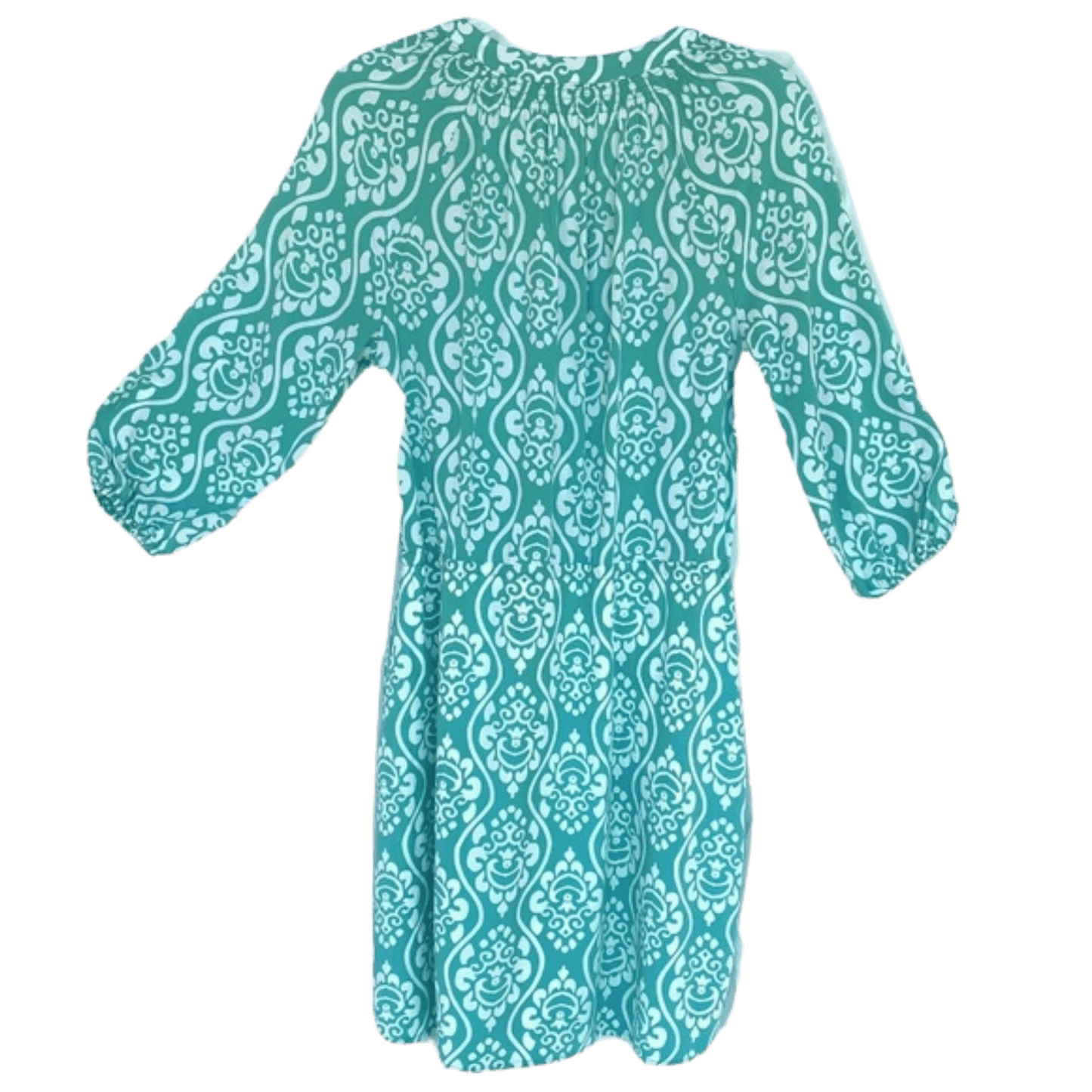 Teal and white patterned dress on a transparent background