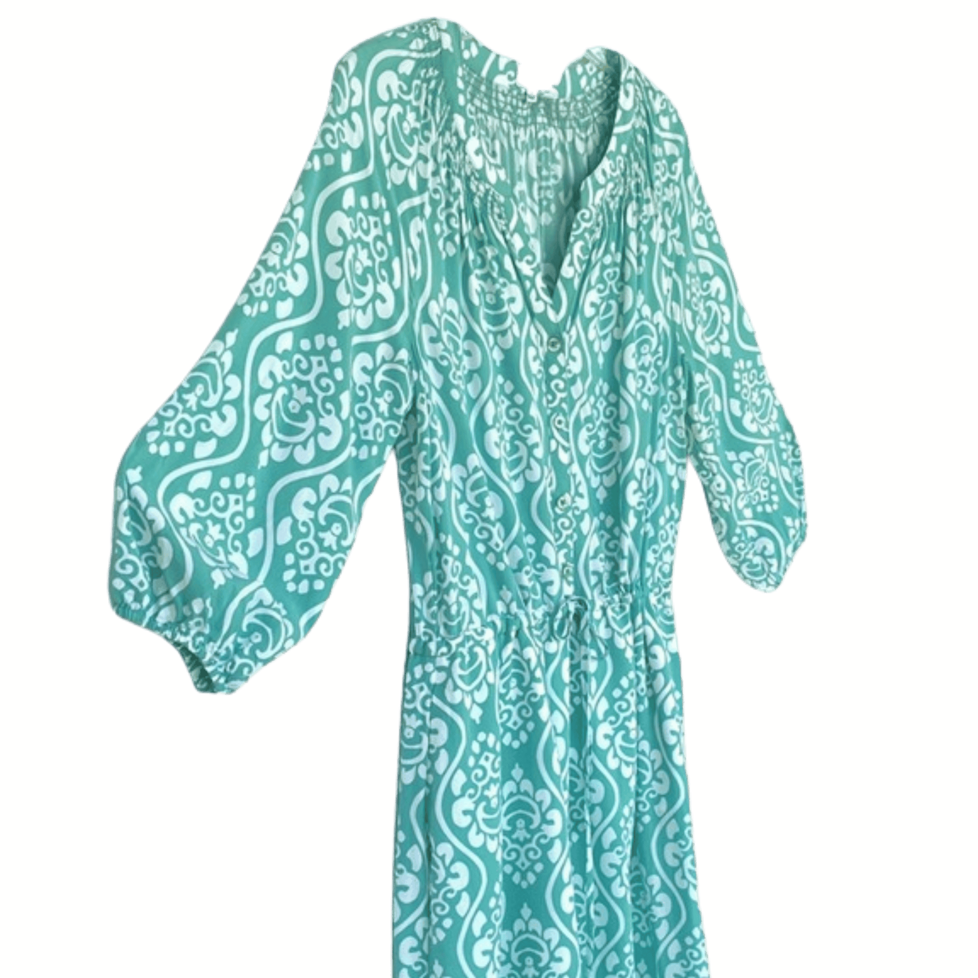 Teal patterned dress on a yellow background