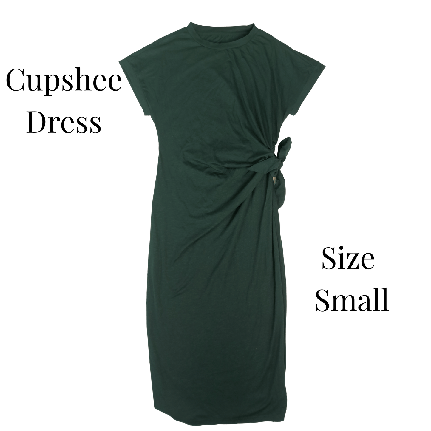 Green dress labeled 'Cupshee Dress' and 'Size Small' on a transparent background