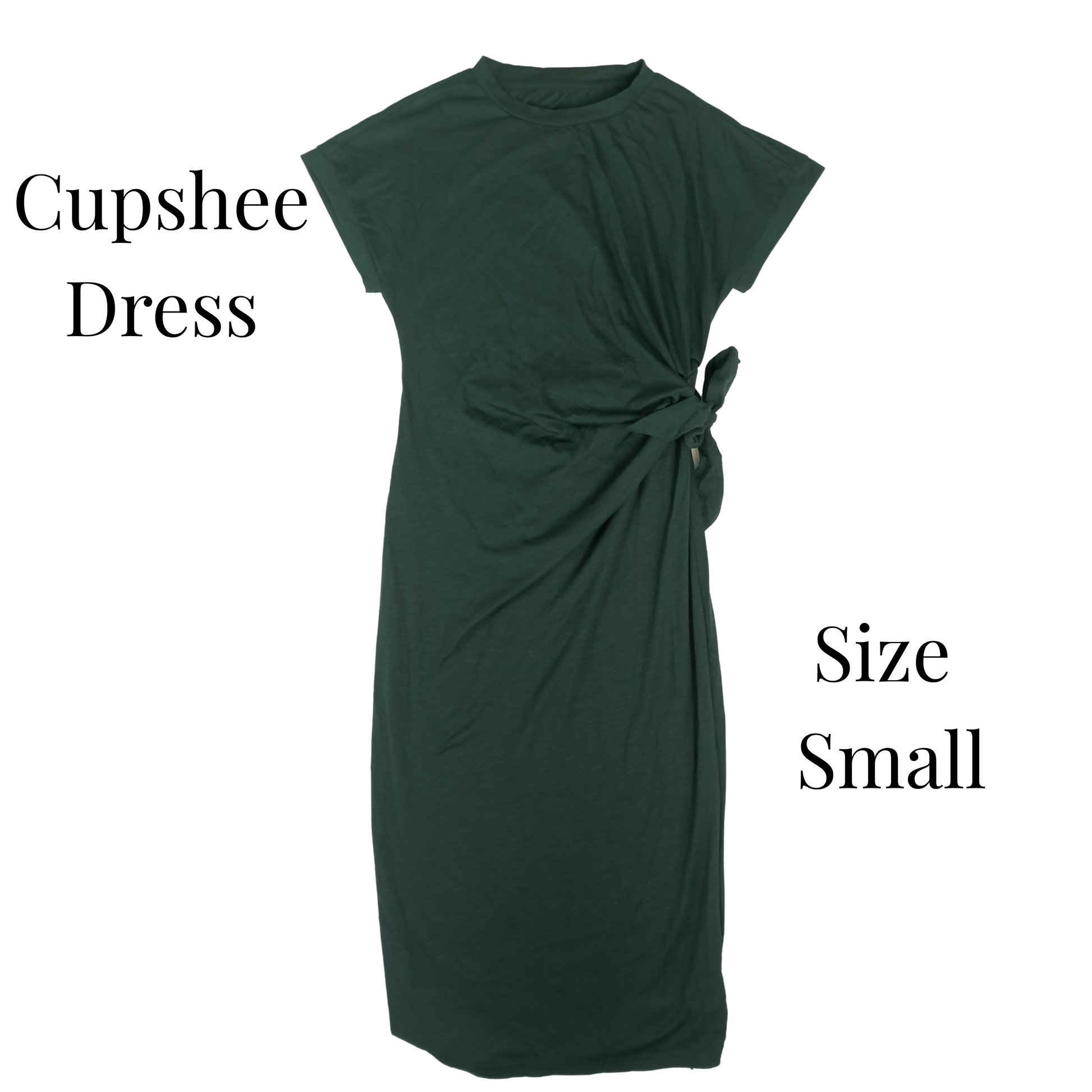 Green dress labeled 'Cupshee Dress' and 'Size Small' on a transparent background